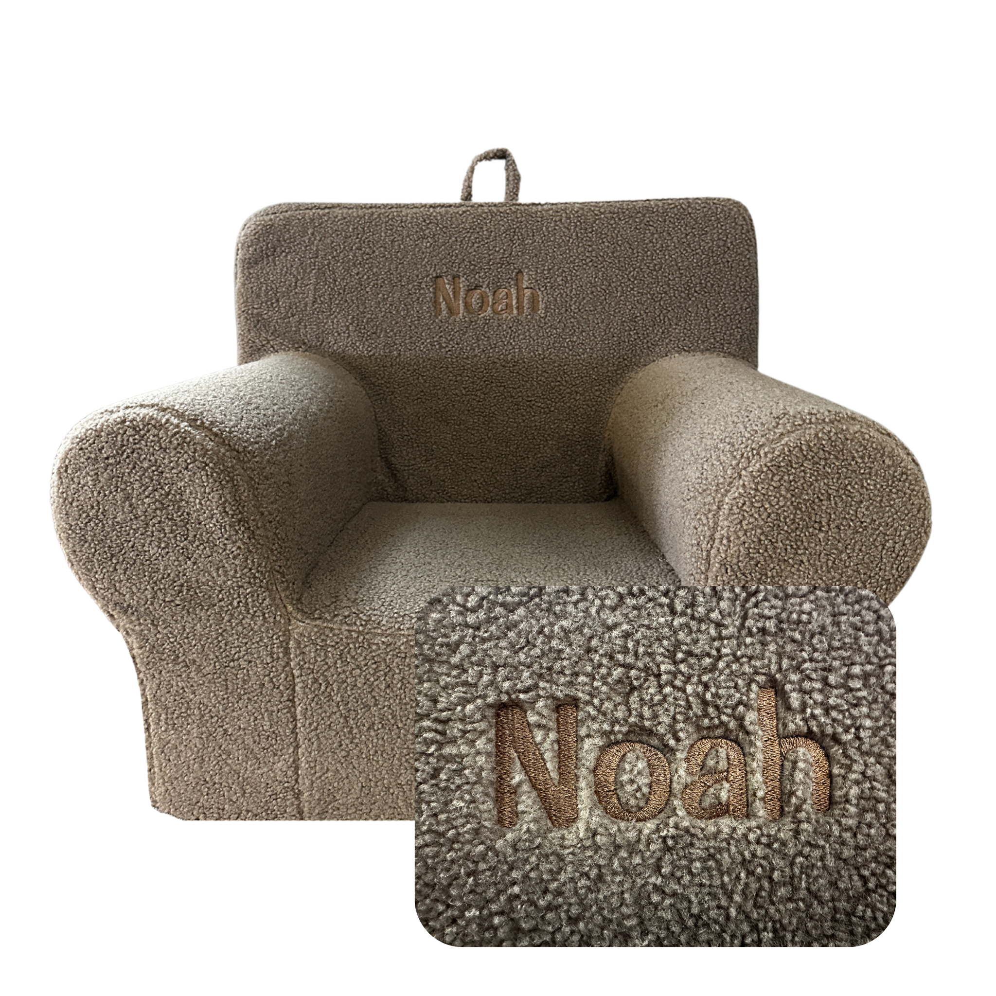 The My Cloud Kidz Chair is a small beige Sherpa armchair with Noah embroidered in brown on the backrest. It features a fuzzy texture and rounded armrests, showcasing customizable furniture with an embroidery close-up included.