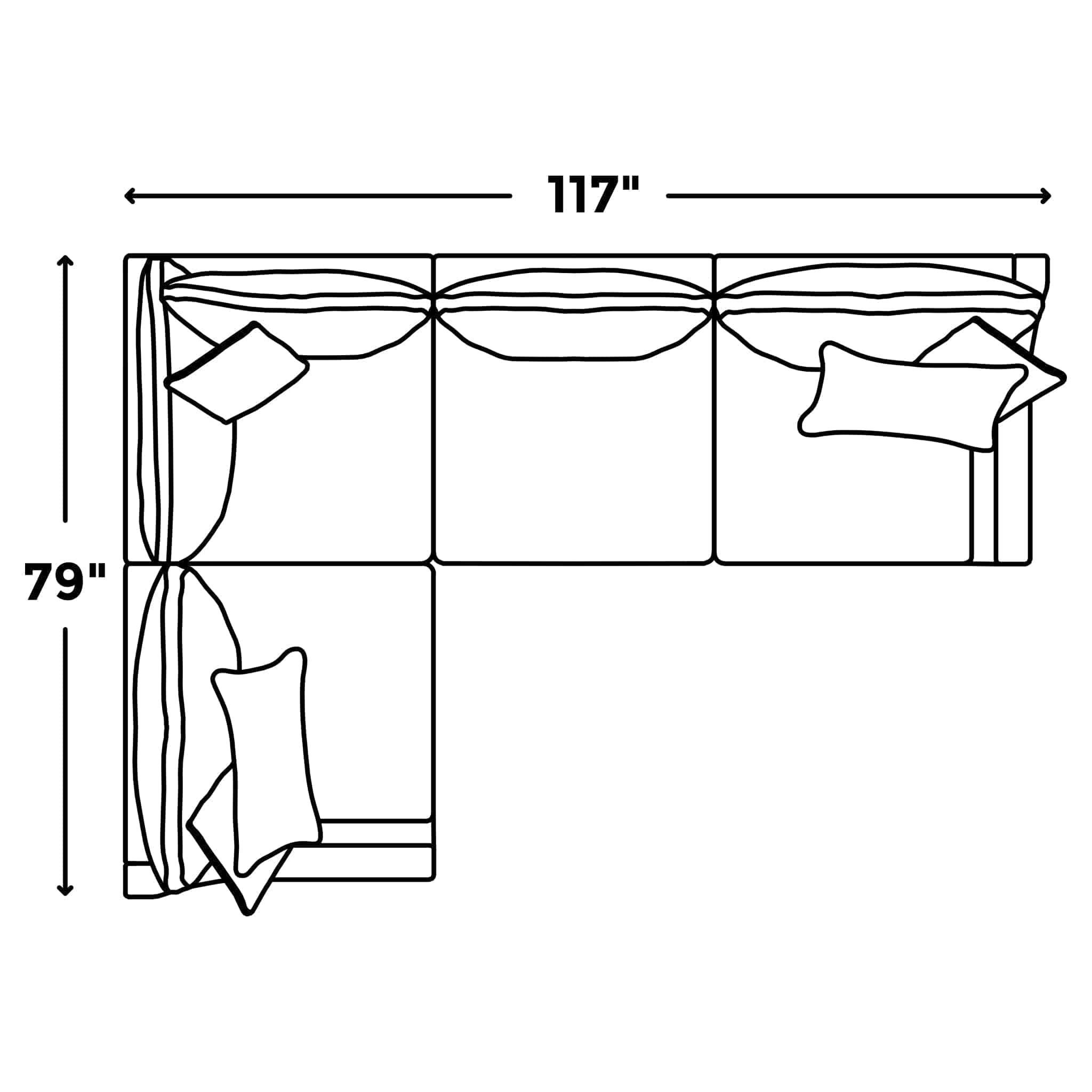 Line drawing of the customizable My Cloud / Slope Arm L-shaped sofa with machine-washable covers, showing dimensions: 117 inches for the longer section, 79 inches for the shorter. Three cushions adorn this comfortable sectional sofa.