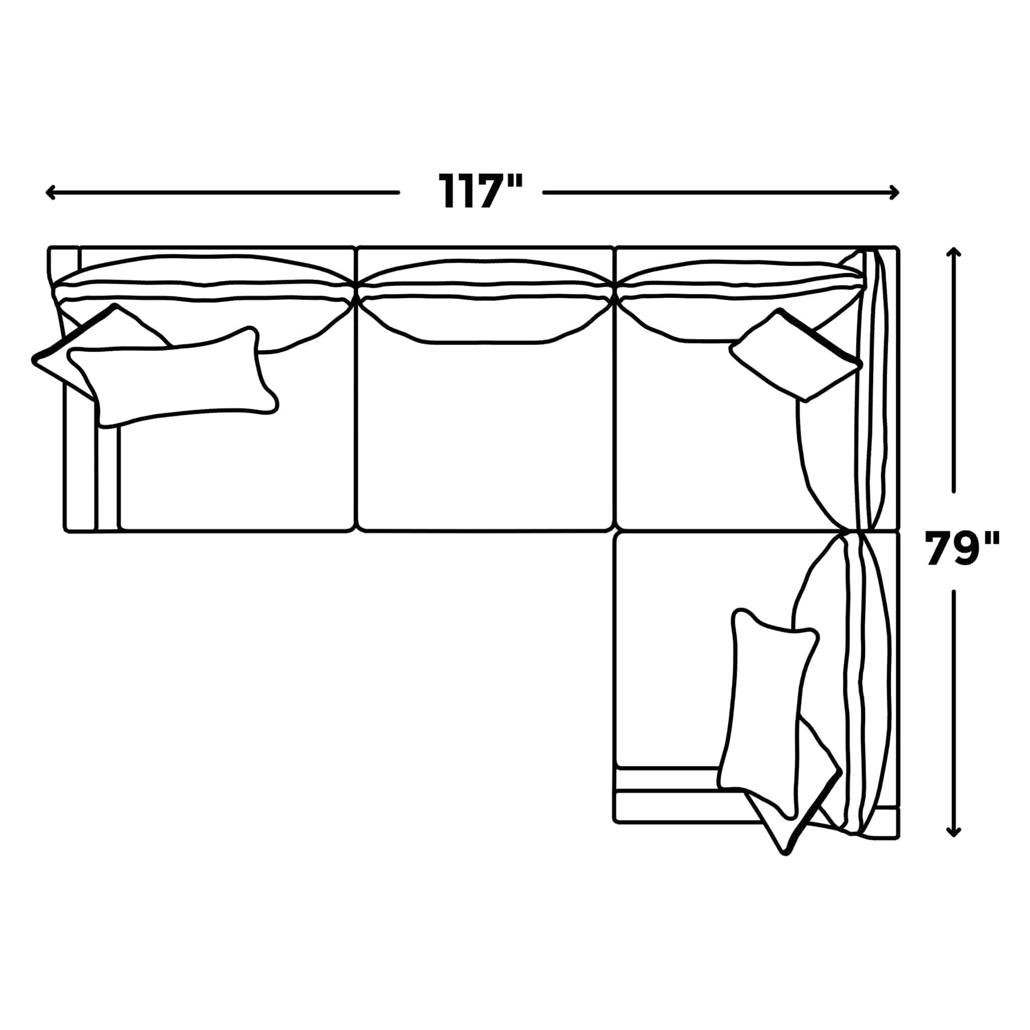 Illustration of the My Cloud / Slope Arm sectional sofa, L-shaped with dimensions labeled: top part 117 inches, side part 79 inches. The customizable design features multiple cushions on seats and backrests for comfort.