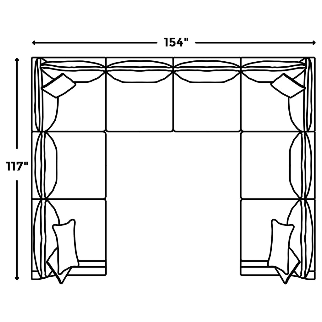 Diagram of the My Cloud / Slope Arm U-shaped sectional sofa layout with cushions. This customizable sectional measures 154 wide and 117 deep, featuring two decorative pillows on the left and bottom sections. All covers are machine-washable.