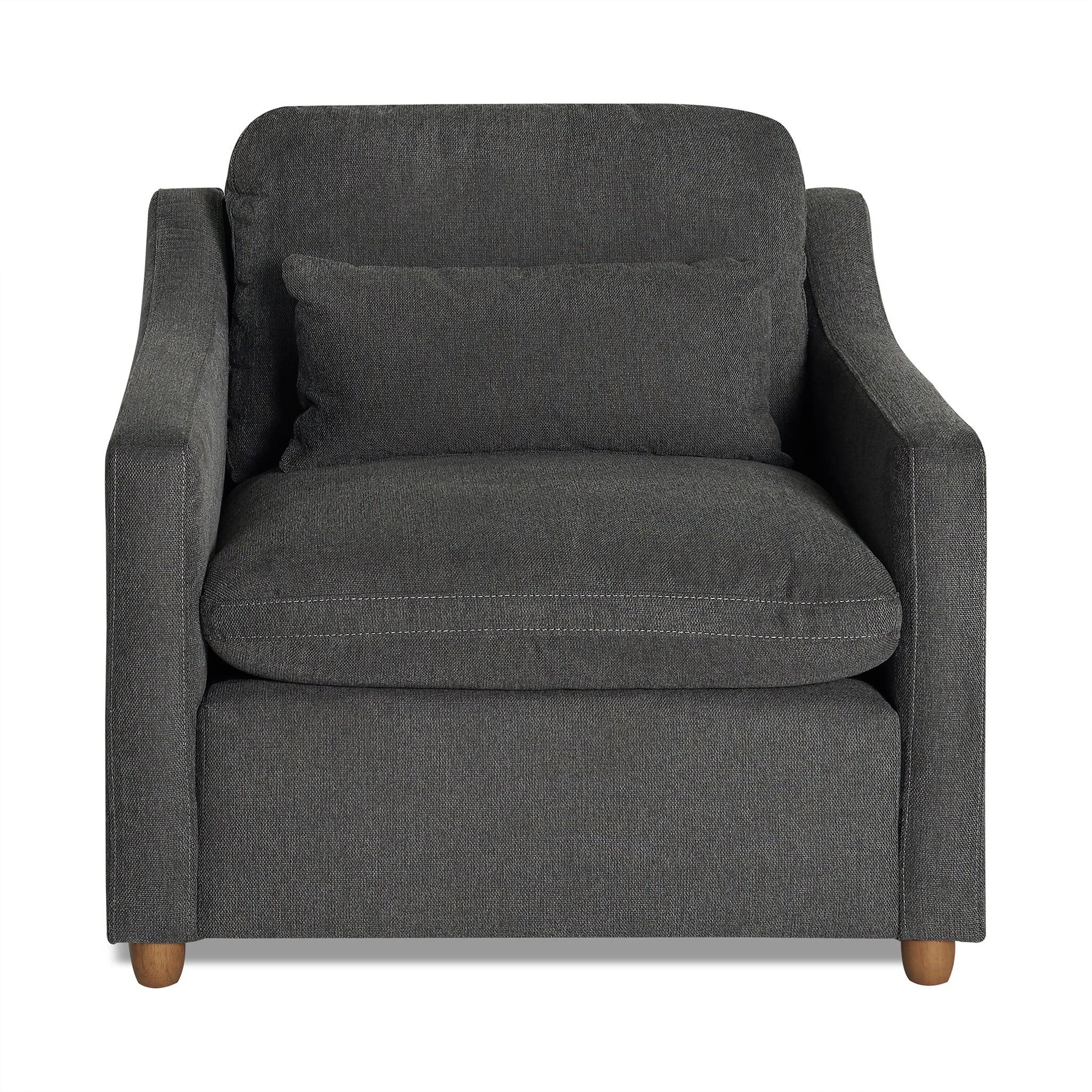 The My Cloud Slope Chair, an upholstered armchair in dark gray, comes with a matching seat cushion, wooden legs, and plush backrest. Part of My Clouds customizable furniture line, it is photographed against a white background.