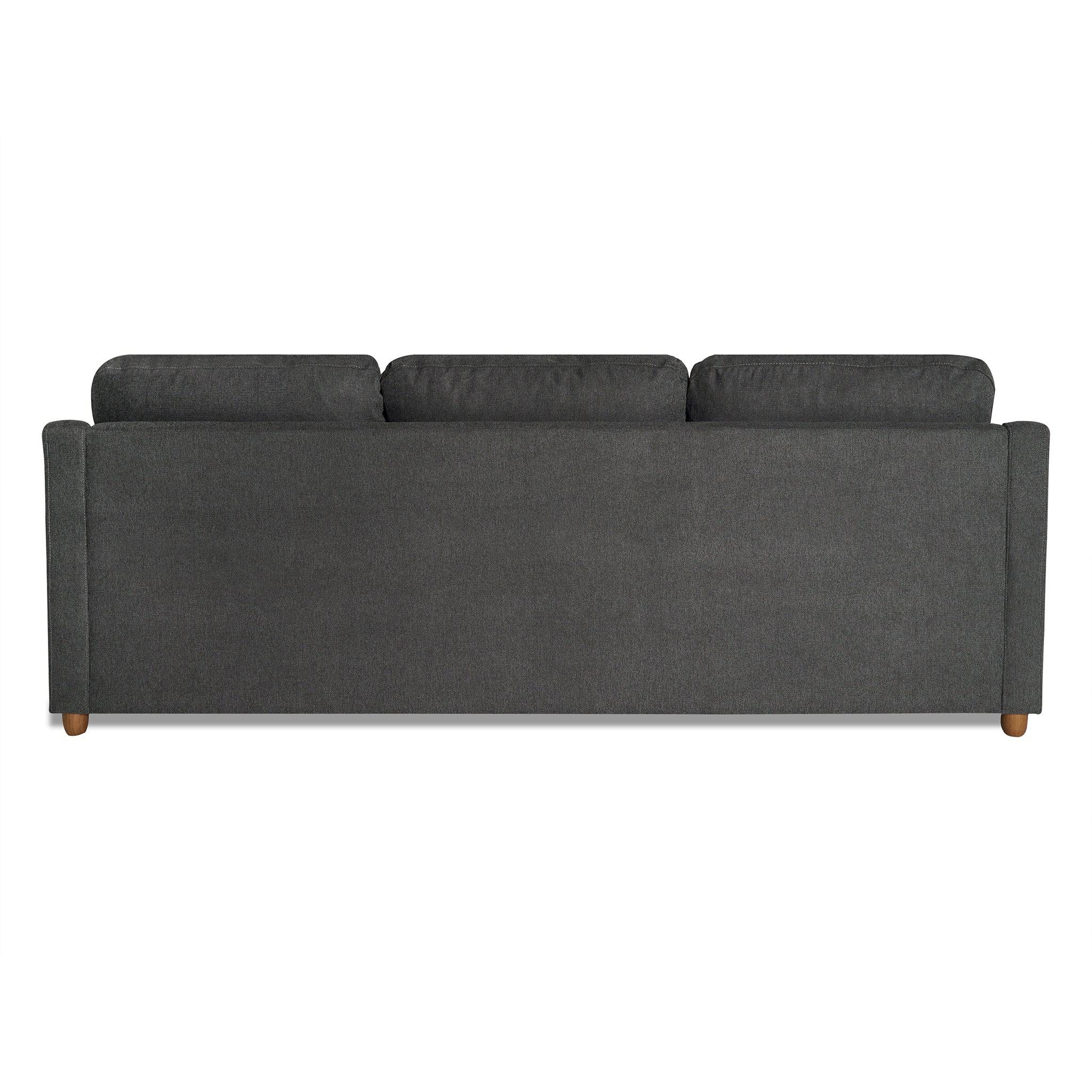 Rear view of the My Cloud Slope Sofa in dark gray, showcasing three cushions, clean lines, and wooden legs. This minimalist design includes a solid upholstered back with customizable options and convenient machine-washable covers.