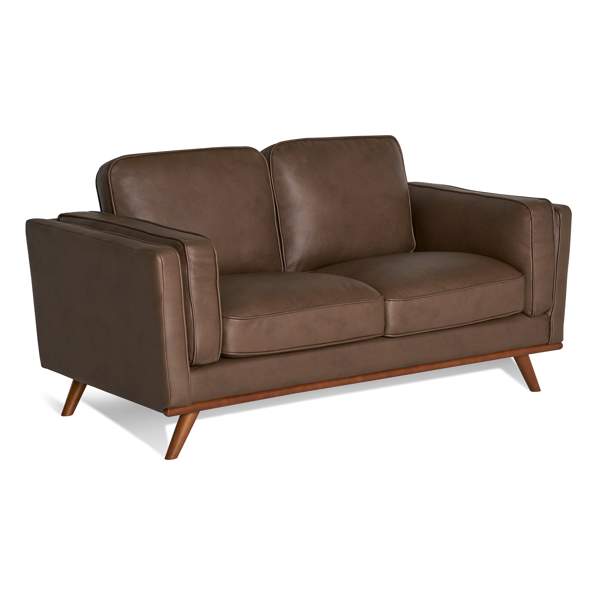 The Maddox Loveseat is a brown leather mid-century modern piece with two seat cushions, durable construction, and wooden legs. It features slightly angled armrests, offering a smooth and minimalist design with a classic, stylish look.
