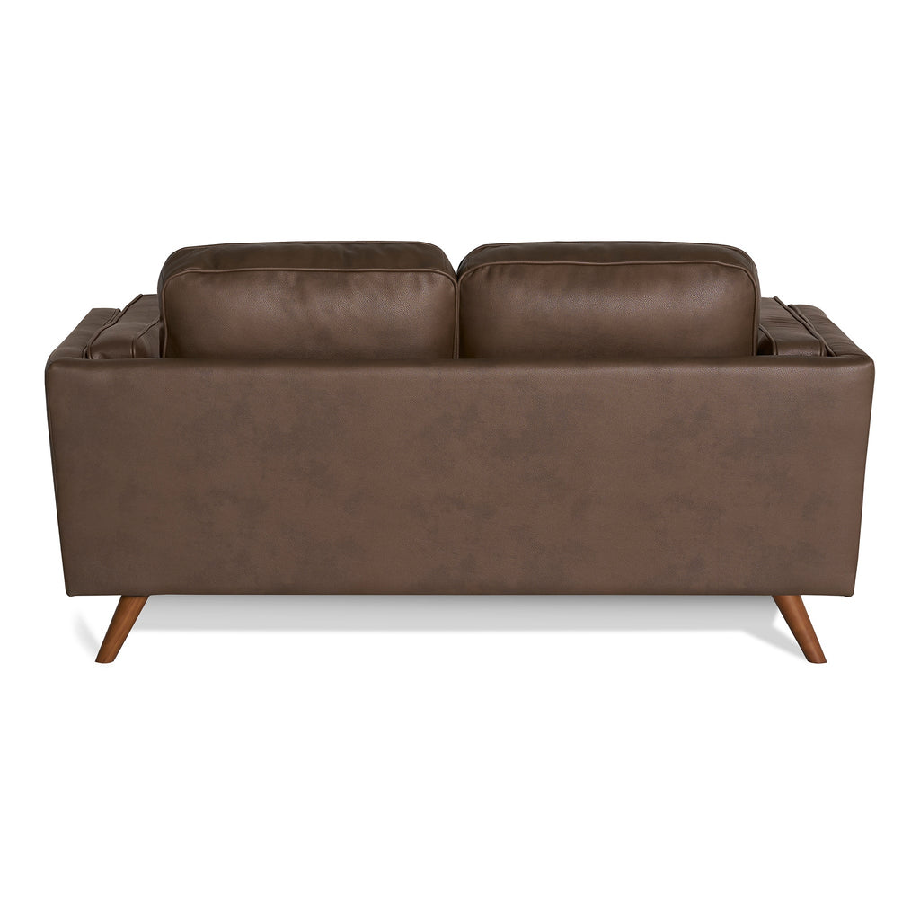 The Maddox Loveseat features a brown leather finish with two cushions and wooden angled legs against a white background. Its mid-century modern, rectangular design ensures durable construction.