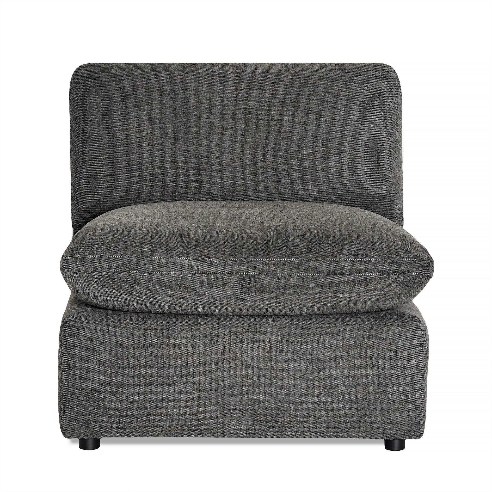 The My Cloud Slope Armless chair features a modern, boxy design with a cushioned gray fabric backrest and seat. It integrates seamlessly as a modular part of versatile sectionals, resting on small black legs, perfect for contemporary interiors.