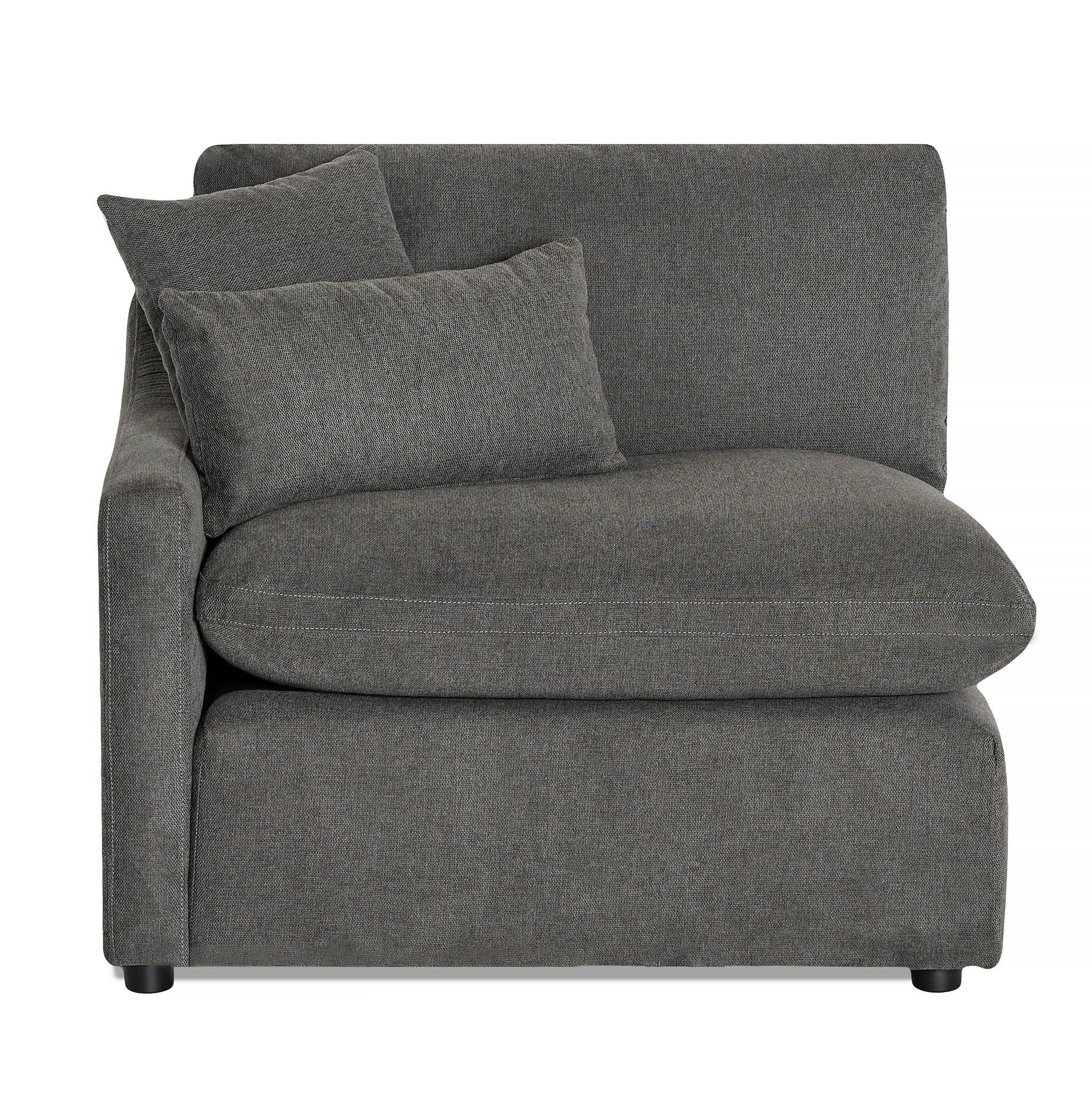 The My Cloud Slope Left Arm is a modular corner chair with a plush seat, two cushions, and an angled left armrest in dark gray fabric. It boasts small black feet and suits any elegant living space.