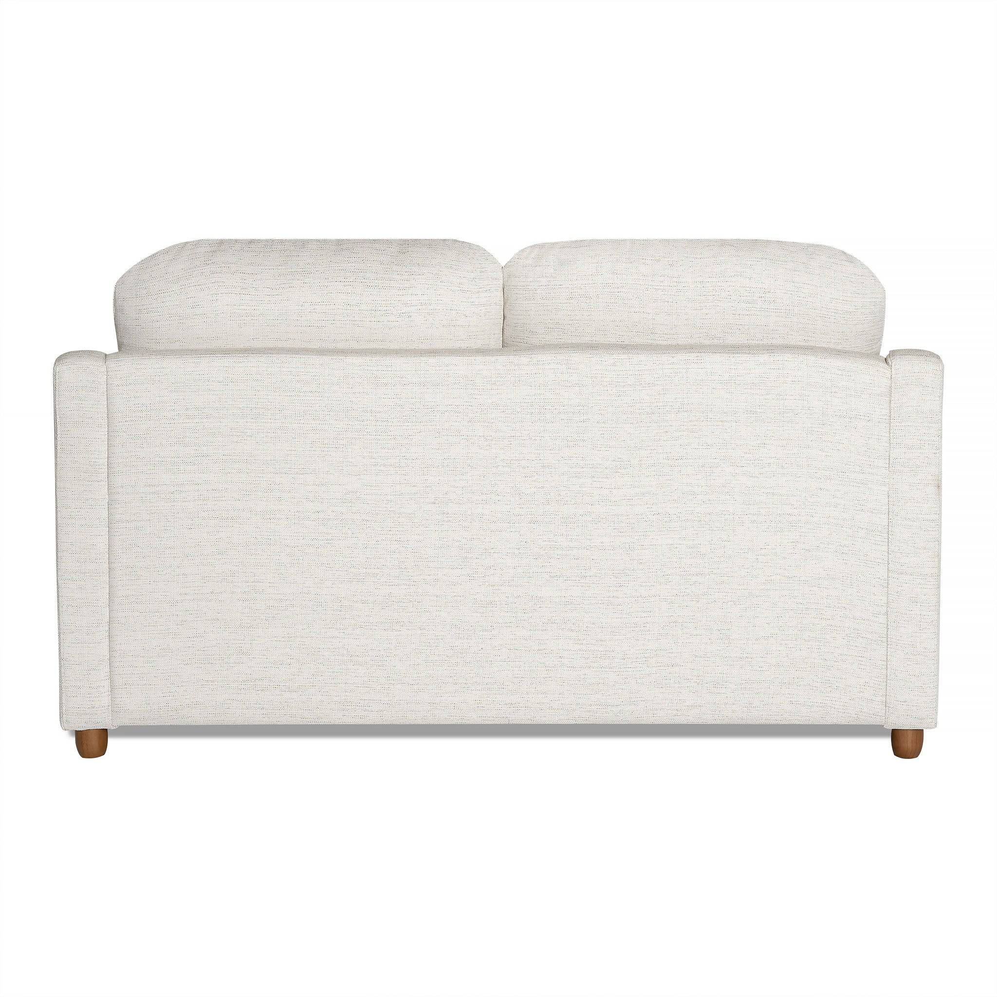 Back view of the light beige My Cloud Slope Loveseat, featuring My Cloud Slope textured fabric. This two-seater includes two back cushions and stands on four short wooden legs, showcasing a simple, modern design.