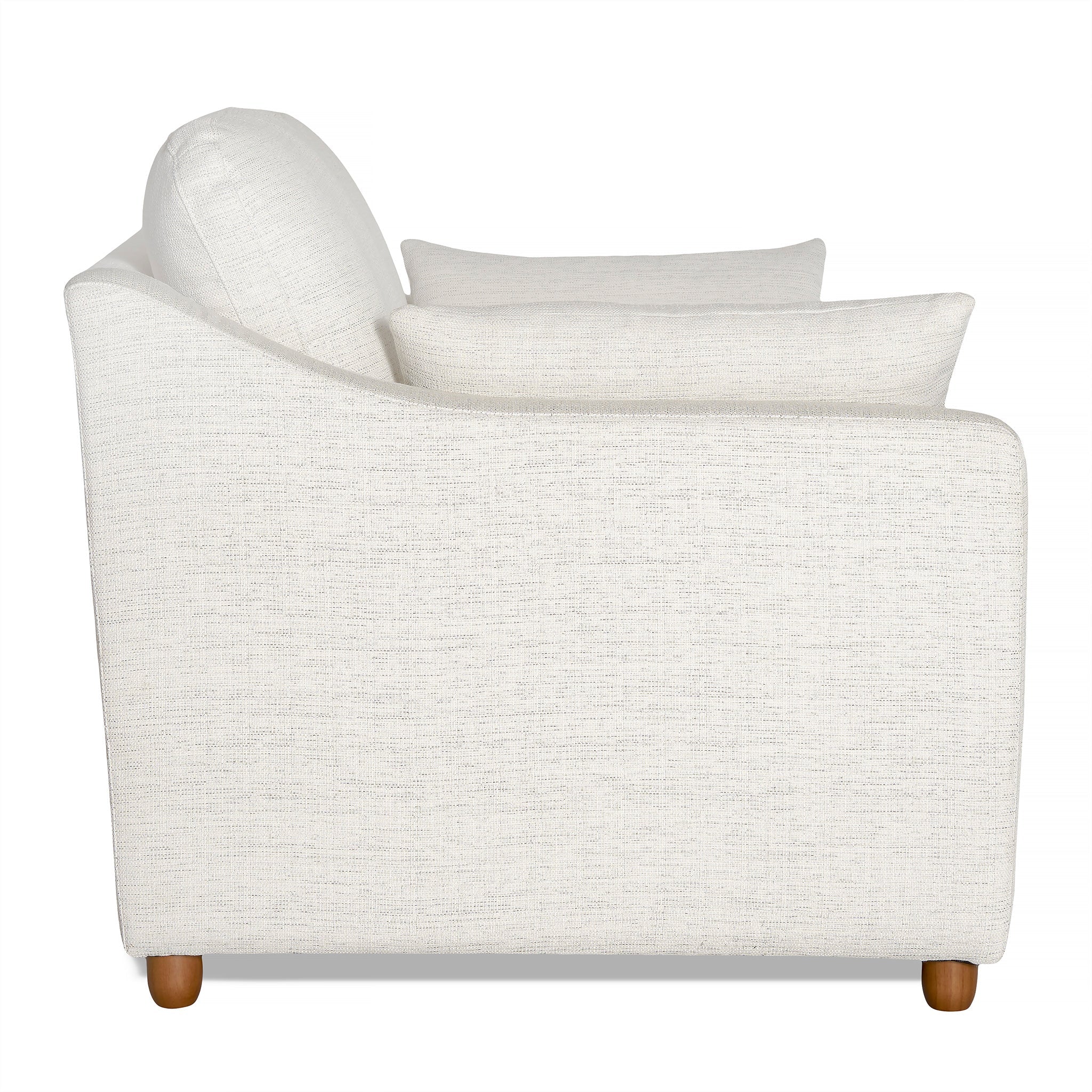 Side view of the My Cloud Slope Loveseat, a modern white fabric sofa with two back cushions and rounded wooden legs, featuring sleek, slightly curved armrests for a minimalist look. This customizable piece is set against a plain white background.