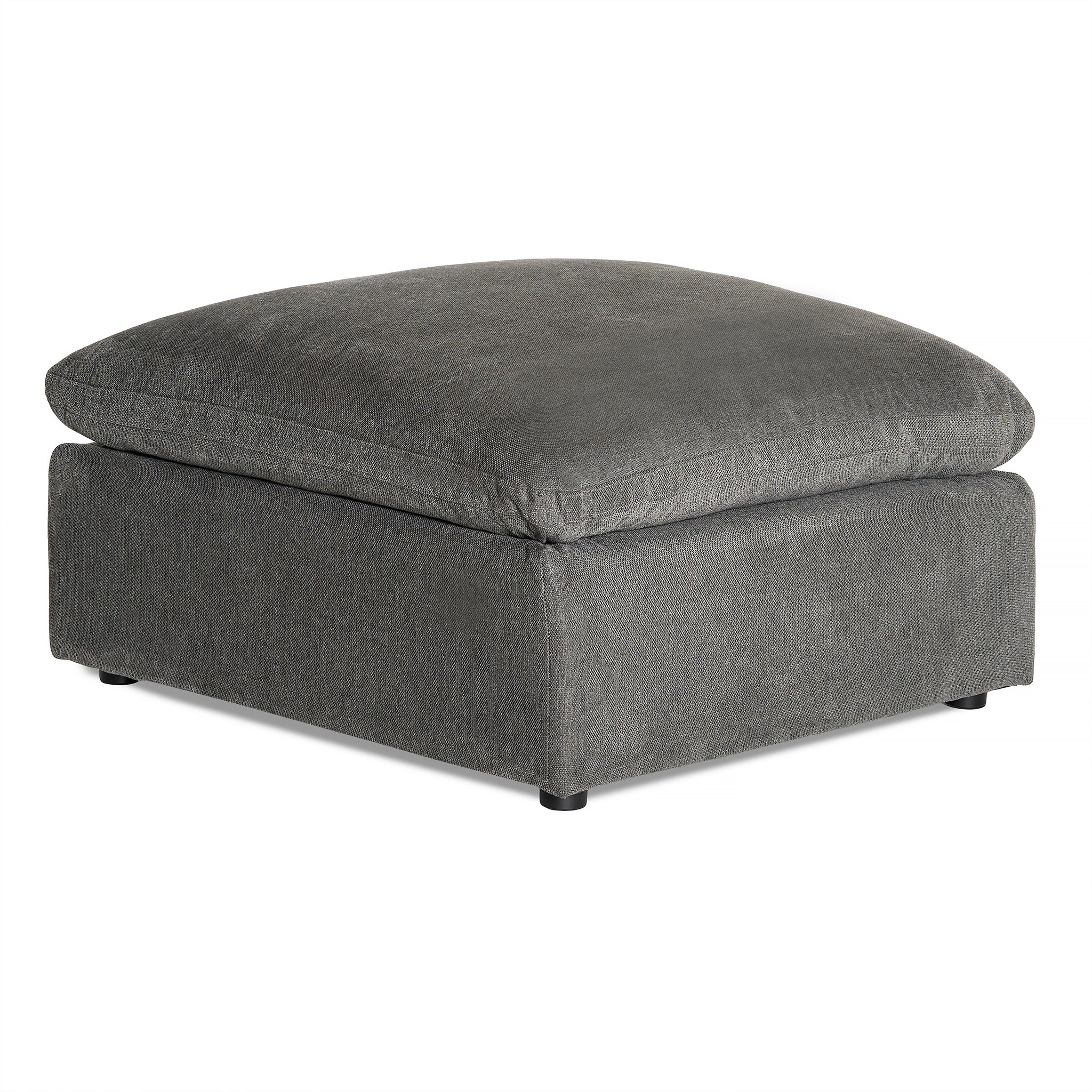 The My Cloud Slope 40 Ottoman features a square, modern design with dark gray fabric and low black feet, offering comfortable elegance. The plush top cushion, matching the base in color and texture, adds a serene touch to any space.