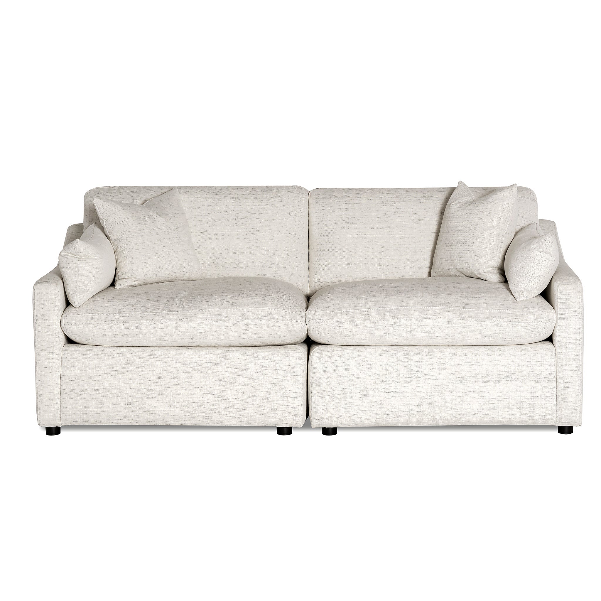 Introducing the My Cloud Slope 2 Piece—a white, modern two-seater with plush cushions and armrests. Its minimalist design, clean lines, and soft fabric texture provide unrivaled comfort and a touch of sophistication to any space.