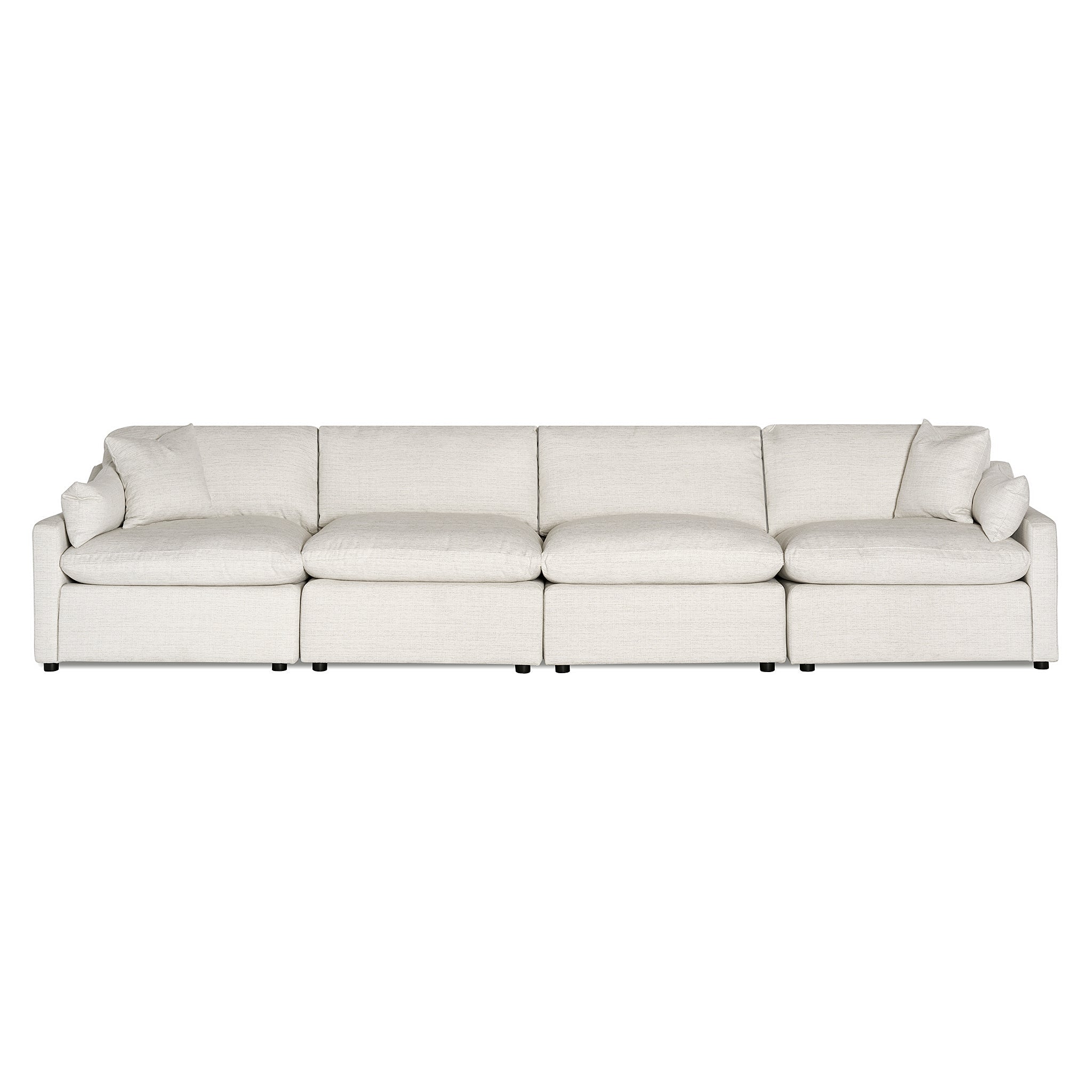 The My Cloud Slope 4 Piece Straight is a long, light gray upholstered sectional sofa offering My Cloud comfort with four seat and back cushions. It features clean lines, minimal design, small black feet, and includes two matching throw pillows on each end.
