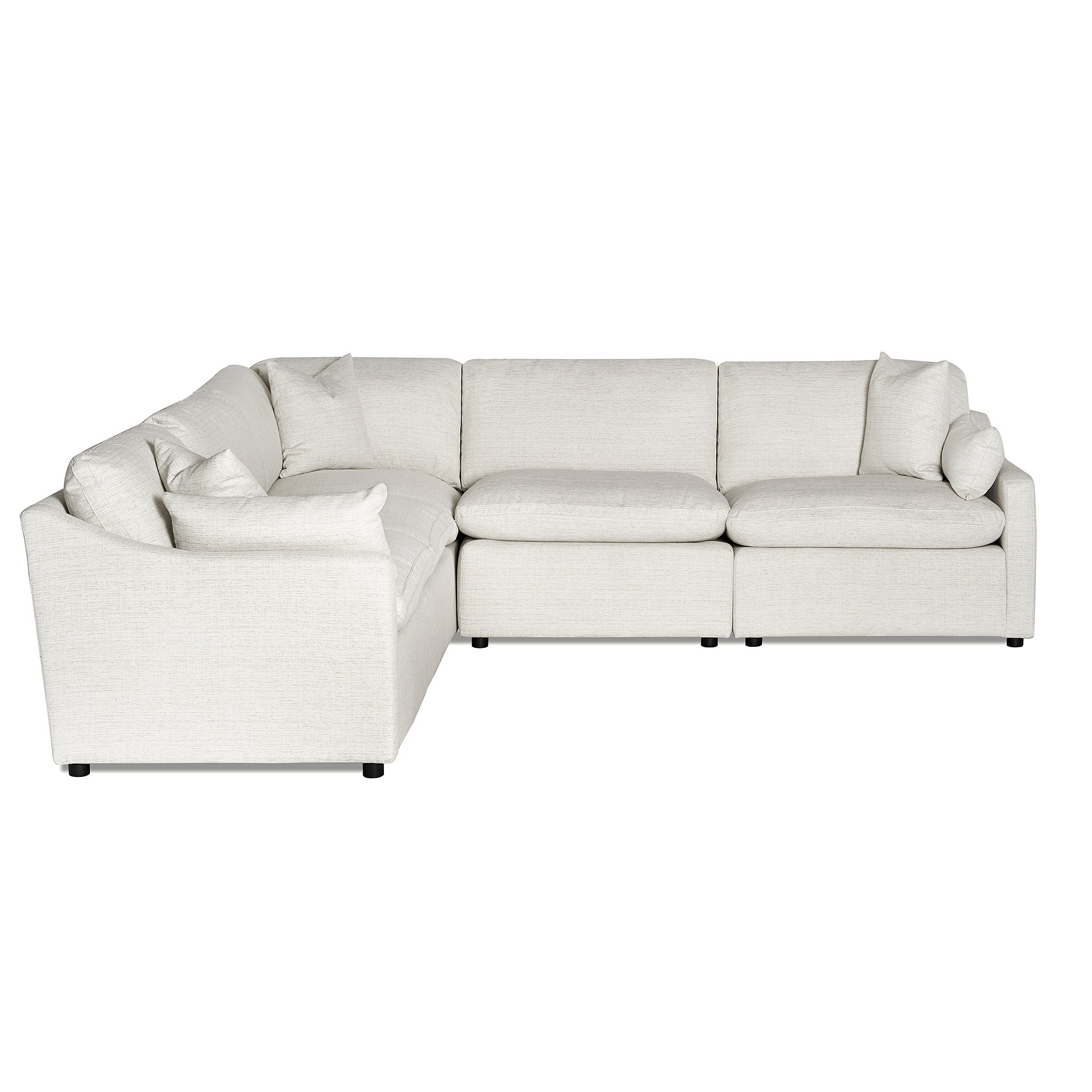 The My Cloud Slope 5 Piece L is a light beige L-shaped sofa featuring plush cushions and wide armrests. Its clean, modern design with textured fabric and small black legs offers customizable comfort for any space, facing the open side.