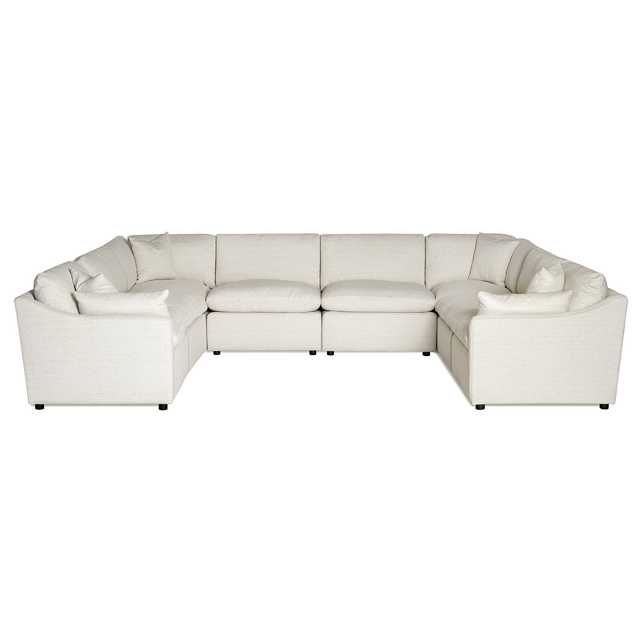 The My Cloud Slope 8 Piece Pit is a large, light gray fabric sectional sofa with a U-shaped design, featuring plush cushions and a contemporary style. This comfortable and customizable modular sectional is elegantly displayed against a white background.