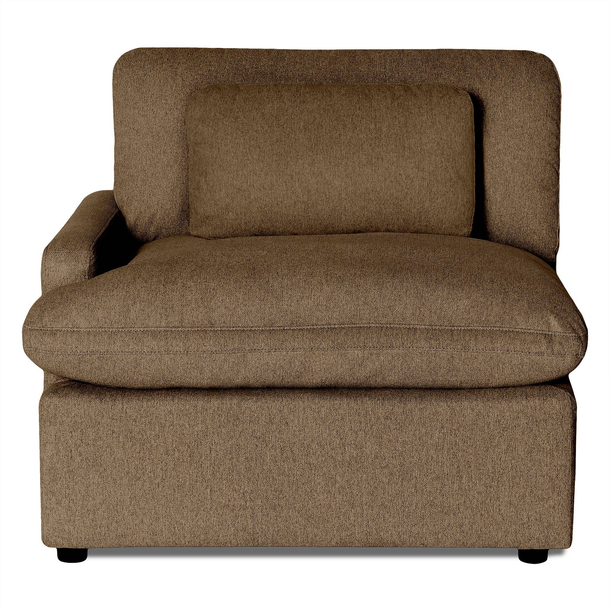 The My Cloud Left Arm is a brown fabric armchair with a left armrest and matching rectangular cushion. Its minimalist design features soft, padded surfaces and a solid base, enhancing any seating area with its cozy and inviting look.