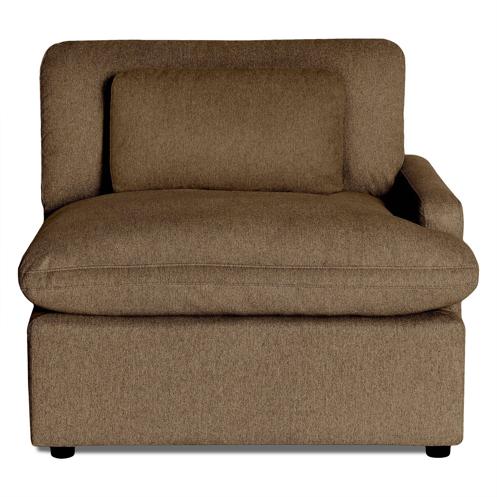 The My Cloud Right Arm is a plush, brown armchair with a boxy design, wide seat, matching cushion, and right-side armrest. It effortlessly blends into any modular seating arrangement with its contemporary style centered on comfort.