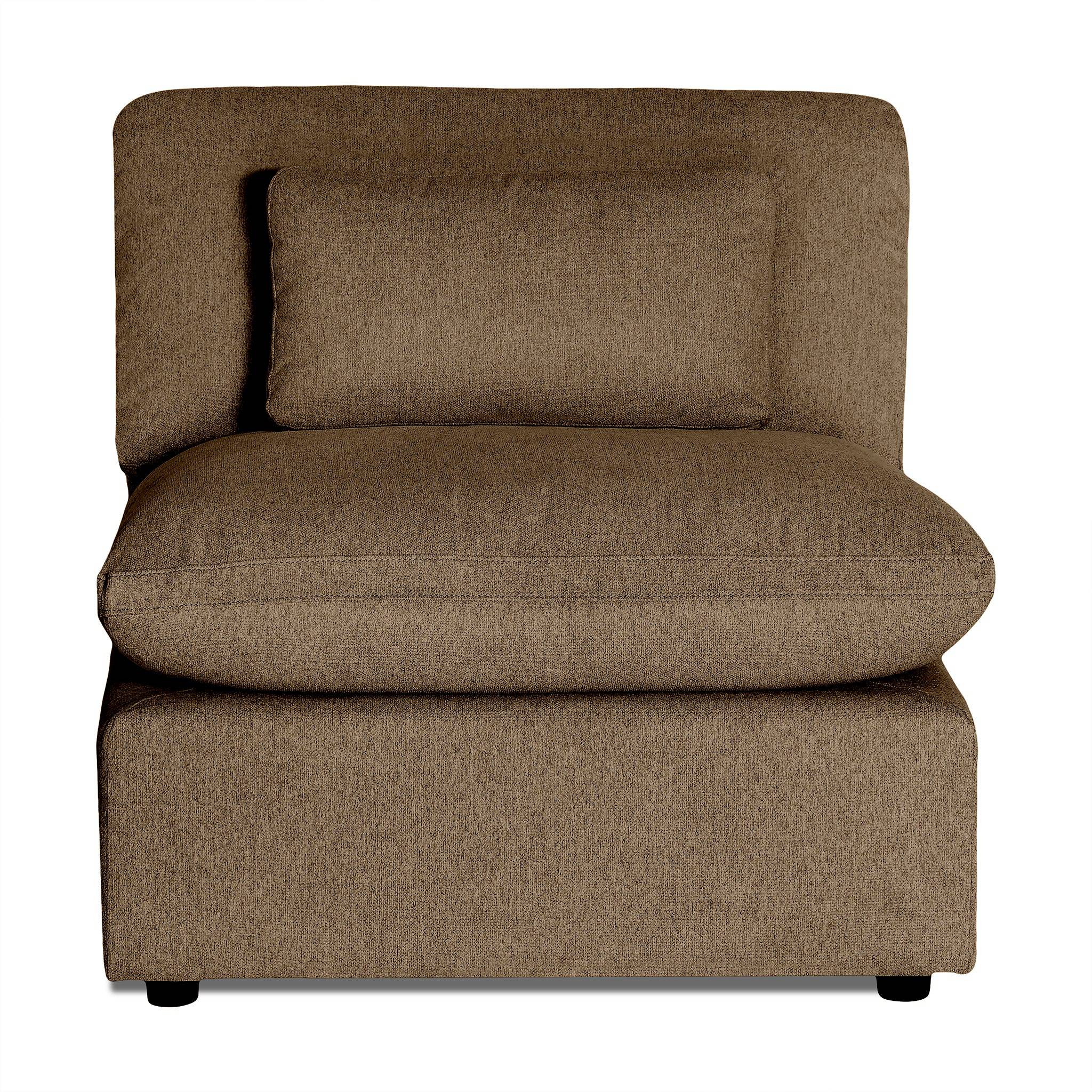 The My Cloud Armless chair, featuring a brown upholstered design with a matching rectangular cushion, delivers plush comfort. Its thick padded seat and backrest offer coziness, and the woven fabric texture adds elegance to any living space.