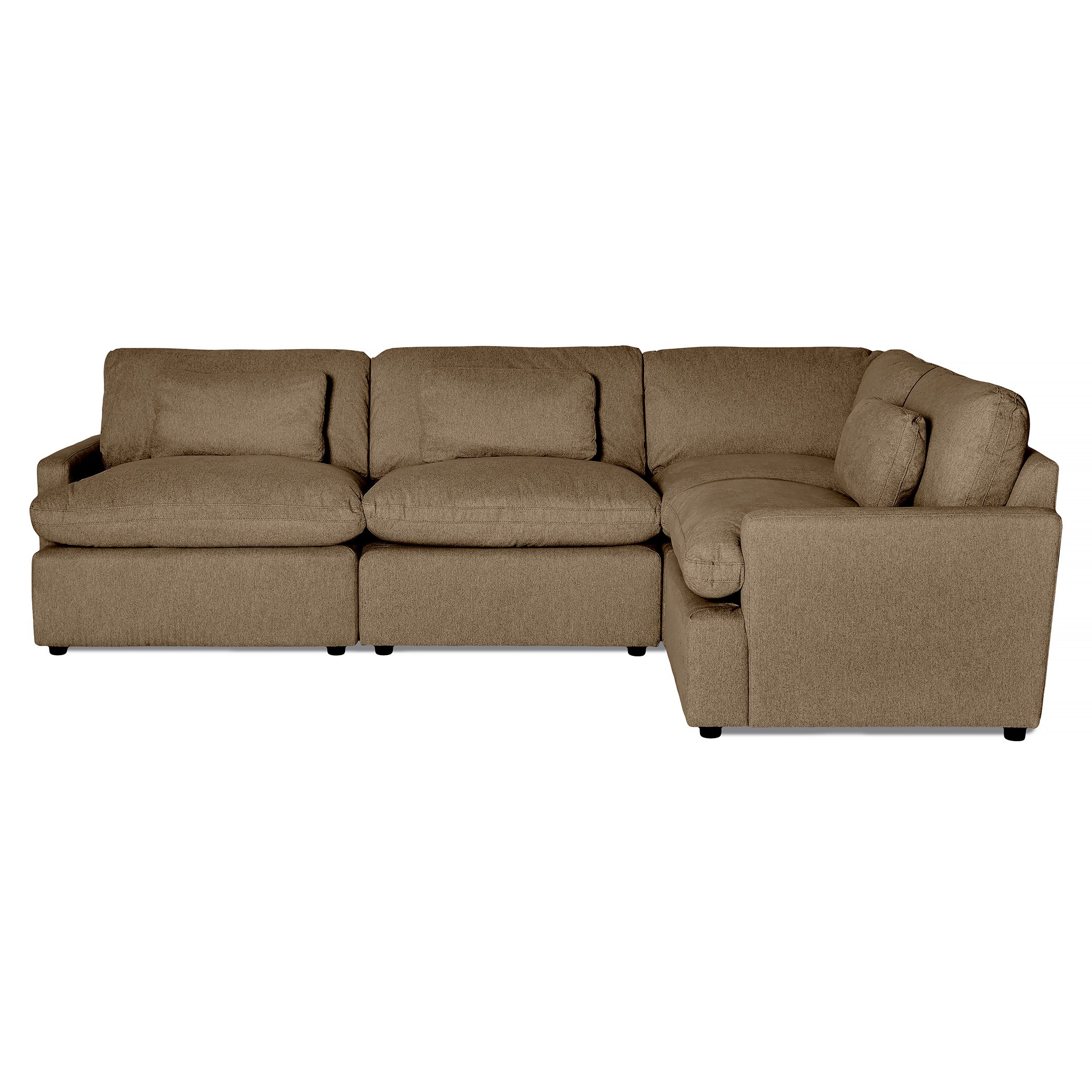 Introducing the My Cloud 4 Piece Right L: a beige, L-shaped sectional with three plush left-side seats and a right-side chaise. Its textured upholstery and minimalist design ensure unparalleled comfort, making it perfect for any space.