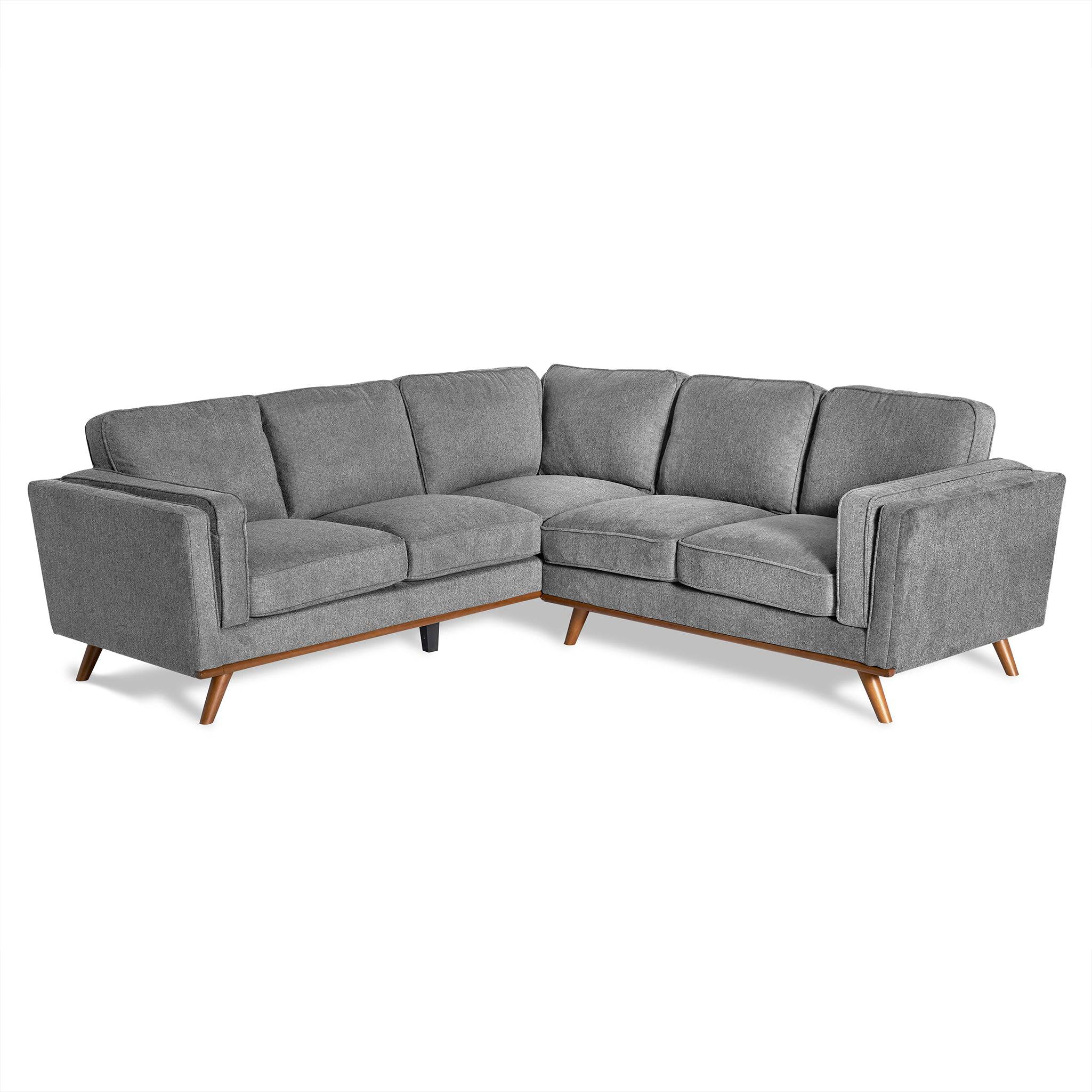 The Maddox is a gray, L-shaped sectional sofa featuring tufted cushions and angled wooden legs. Its mid-century modern design, plush seating, and armrests add both comfort and style to any living room.