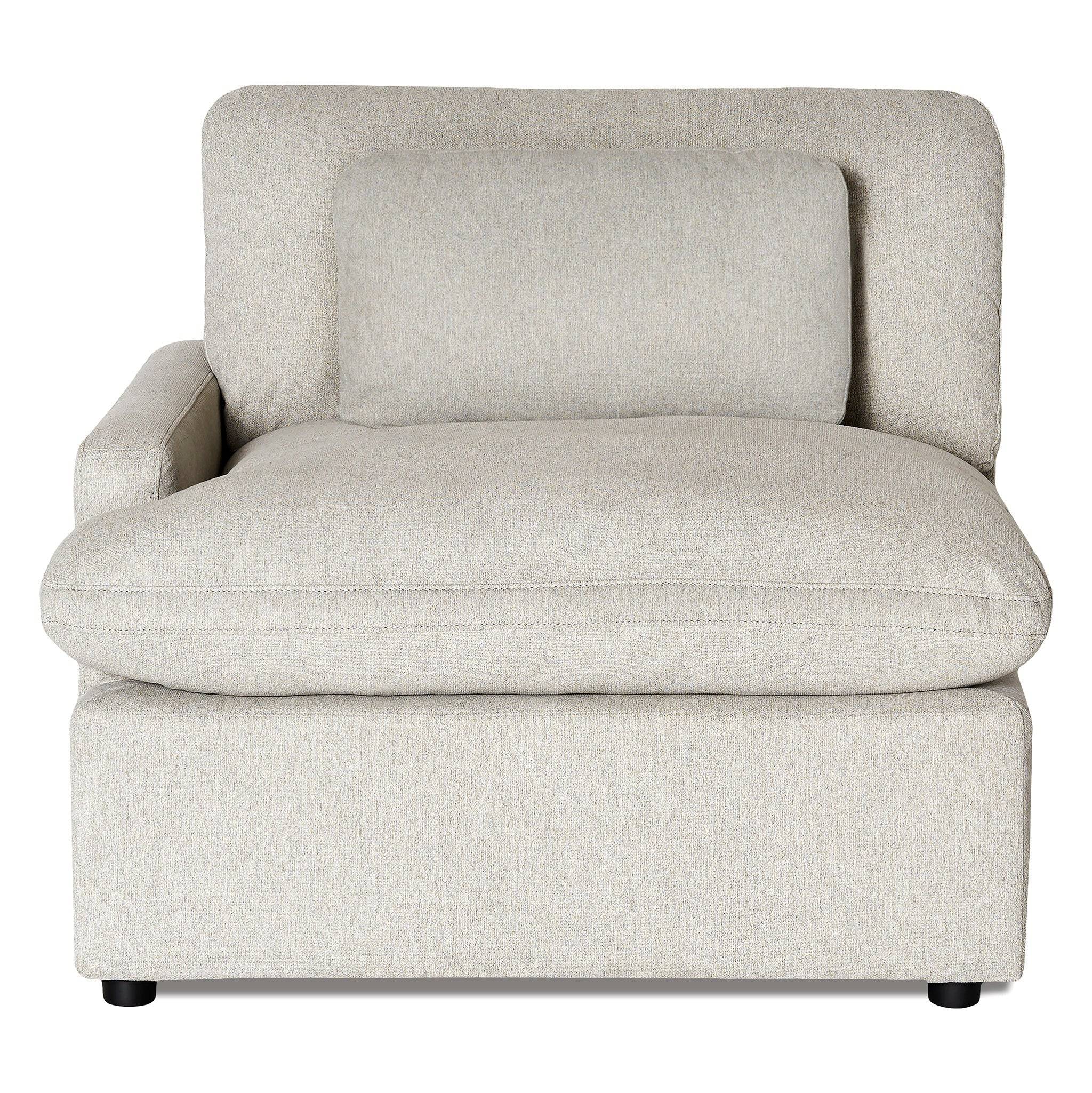 The My Cloud Left Arm is a modular light gray upholstered armchair featuring a square seat cushion and matching rectangular back cushion. With an armrest on the left, its minimalist design with short black legs complements any modern decor.