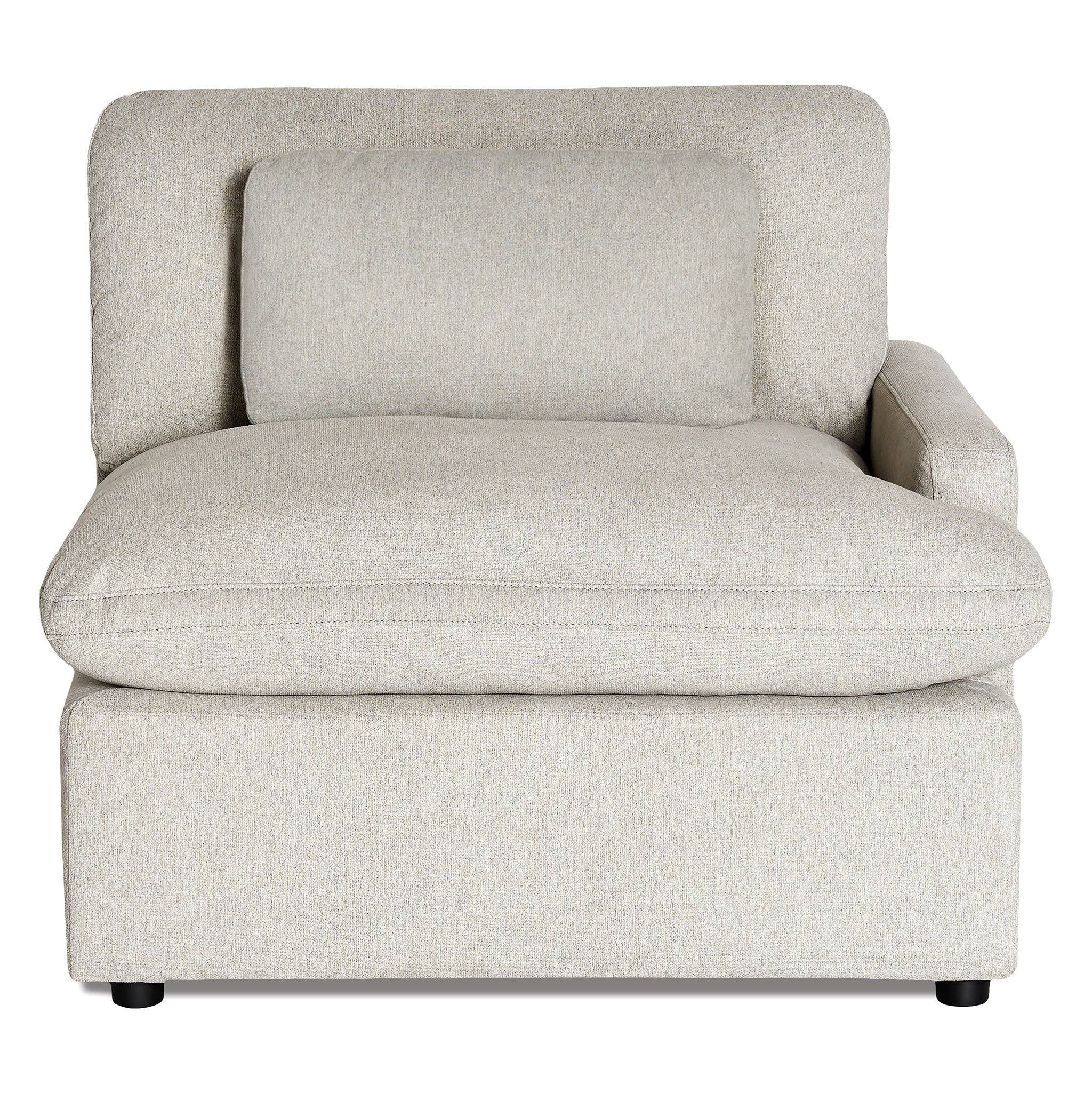 The My Cloud Right Arm is a plush, light gray armchair with a matching cushion. It features a thick, padded seat and backrest, and includes a right-side armrest. This modular component offers cozy comfort and modern design to fit any seating arrangement effortlessly.
