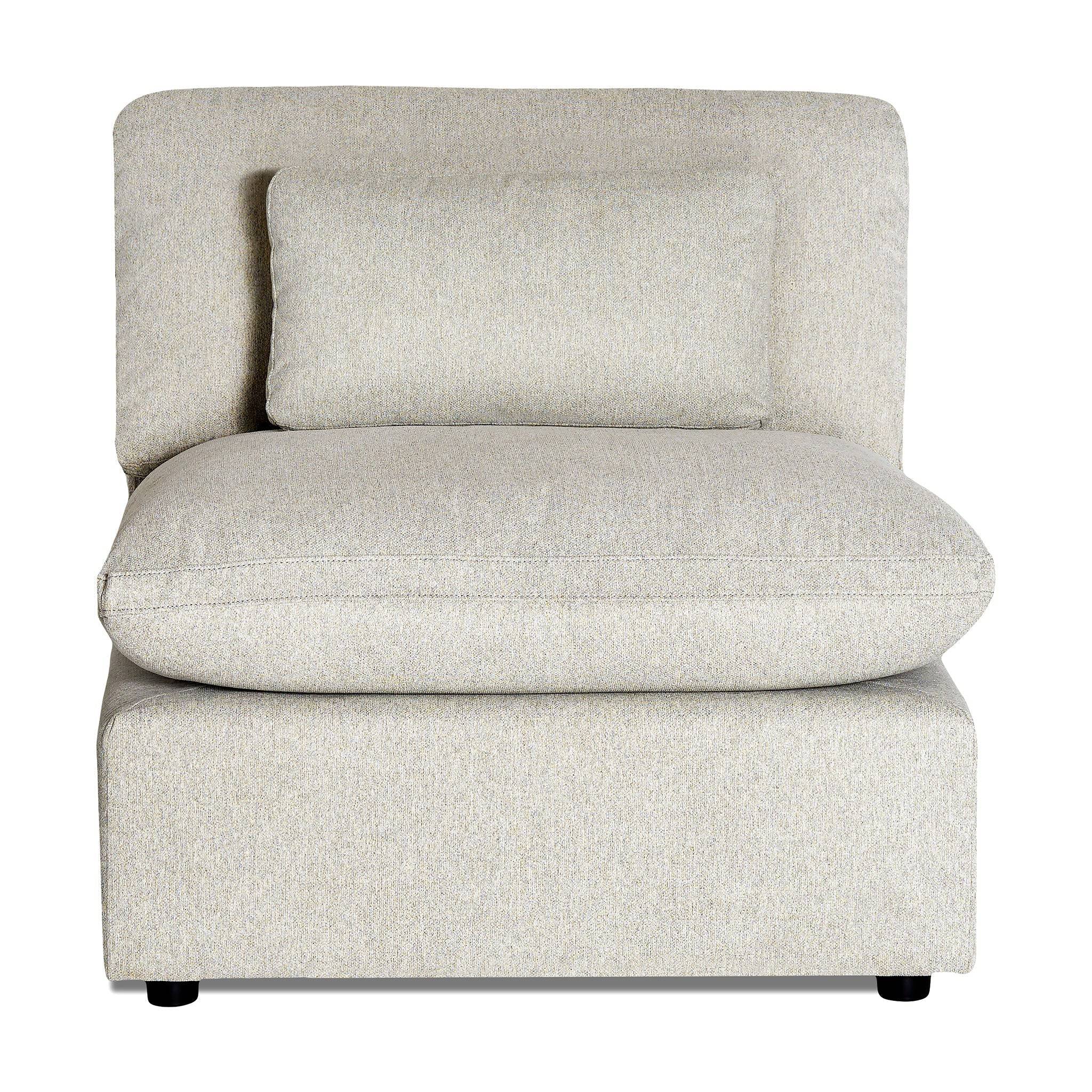 The My Cloud Armless is a modern, light gray upholstered sectional chair with a cushioned seat and backrest. It features a centered rectangular cushion and small, subtle legs, making it an ideal minimalist modular component for any living space.