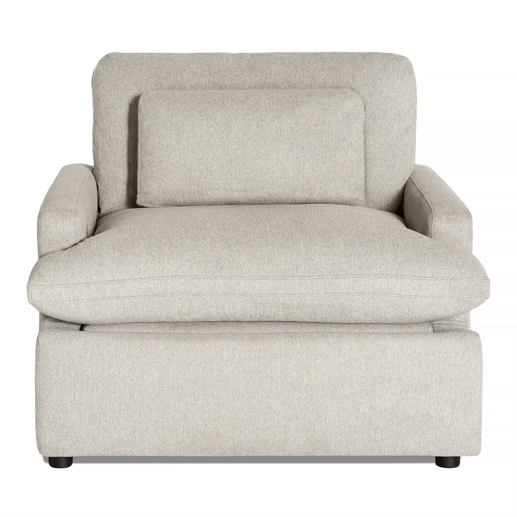 Unwind in the My Cloud Power Recliner, featuring a plush light gray seat and backrest, slightly angled armrests with a matching pillow, and discreet dark legs that blend into any rooms decor seamlessly.