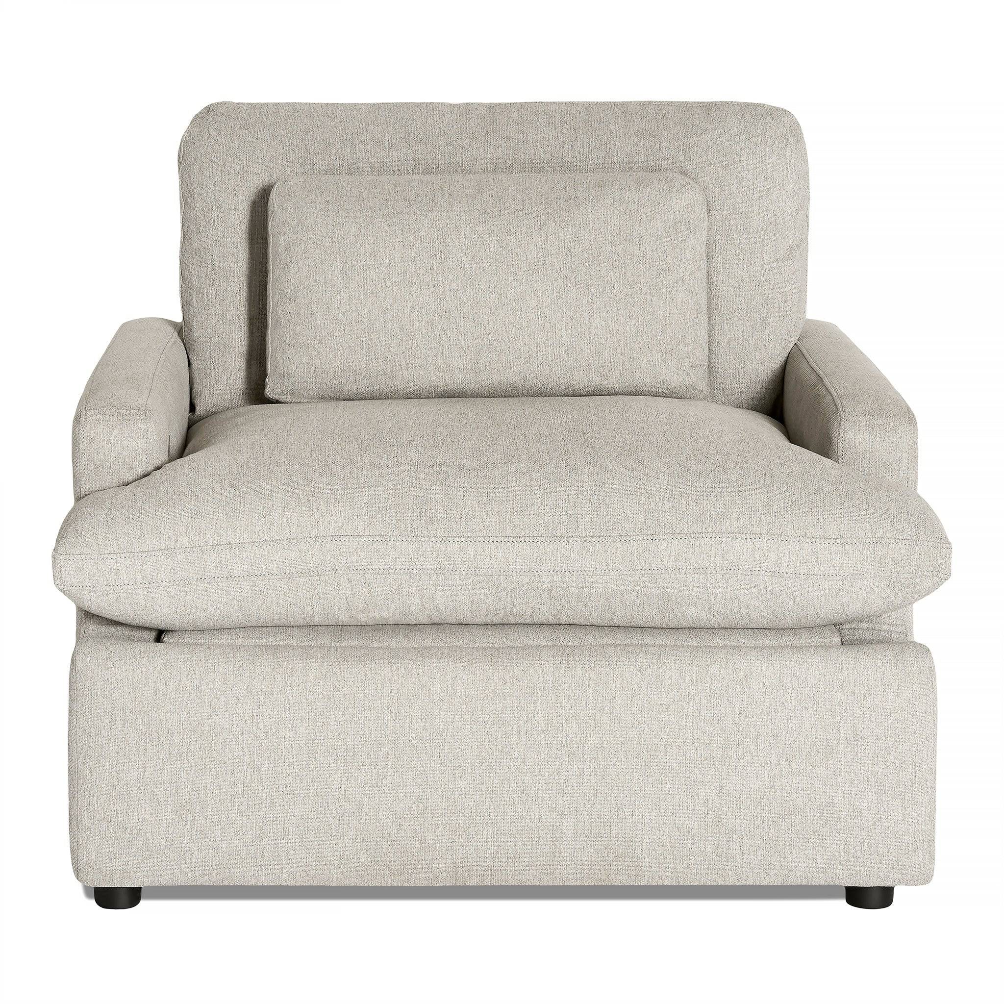 Unwind in the My Cloud Power Recliner, featuring a plush light gray seat and backrest, slightly angled armrests with a matching pillow, and discreet dark legs that blend into any rooms decor seamlessly.