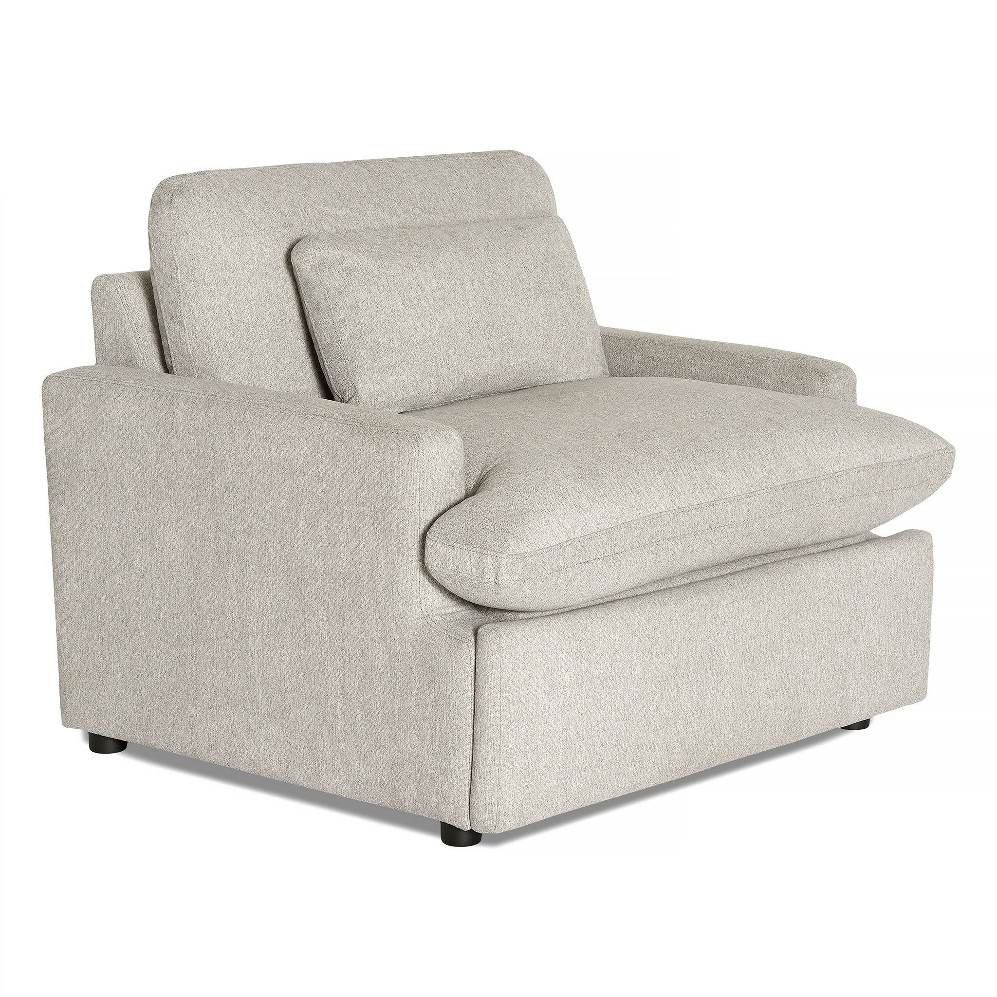 The My Cloud Power Recliner is a modern gray armchair featuring plush cushions and a minimalist design. Its boxy shape, single back cushion, sleek armrests, and small black feet promise both style and relaxation.