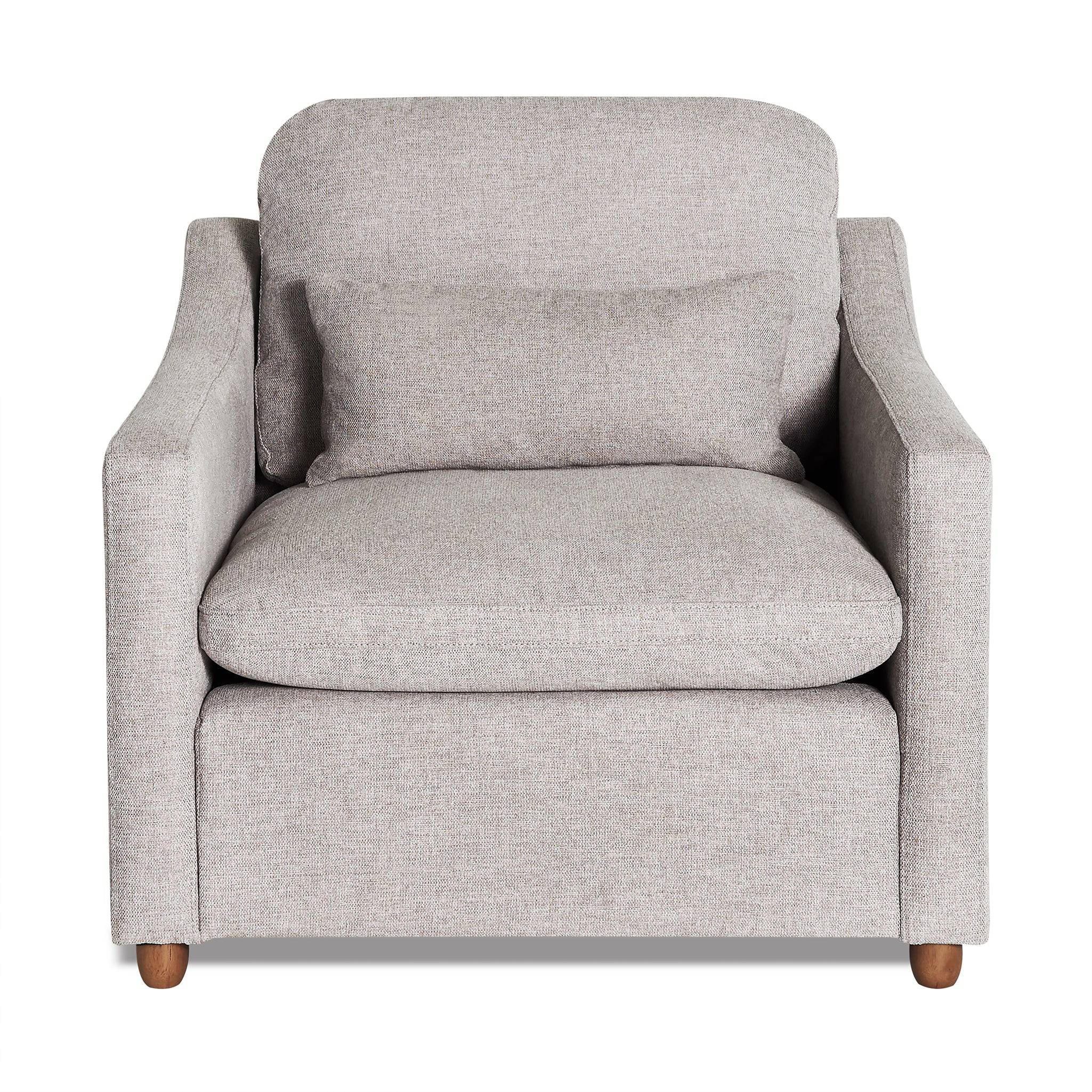 The My Cloud Slope Chair is a plush, light gray armchair with a matching seat cushion. It features contemporary design elements, soft curved armrests, and wooden legs, providing customizable comfort and style in a chic seating option.