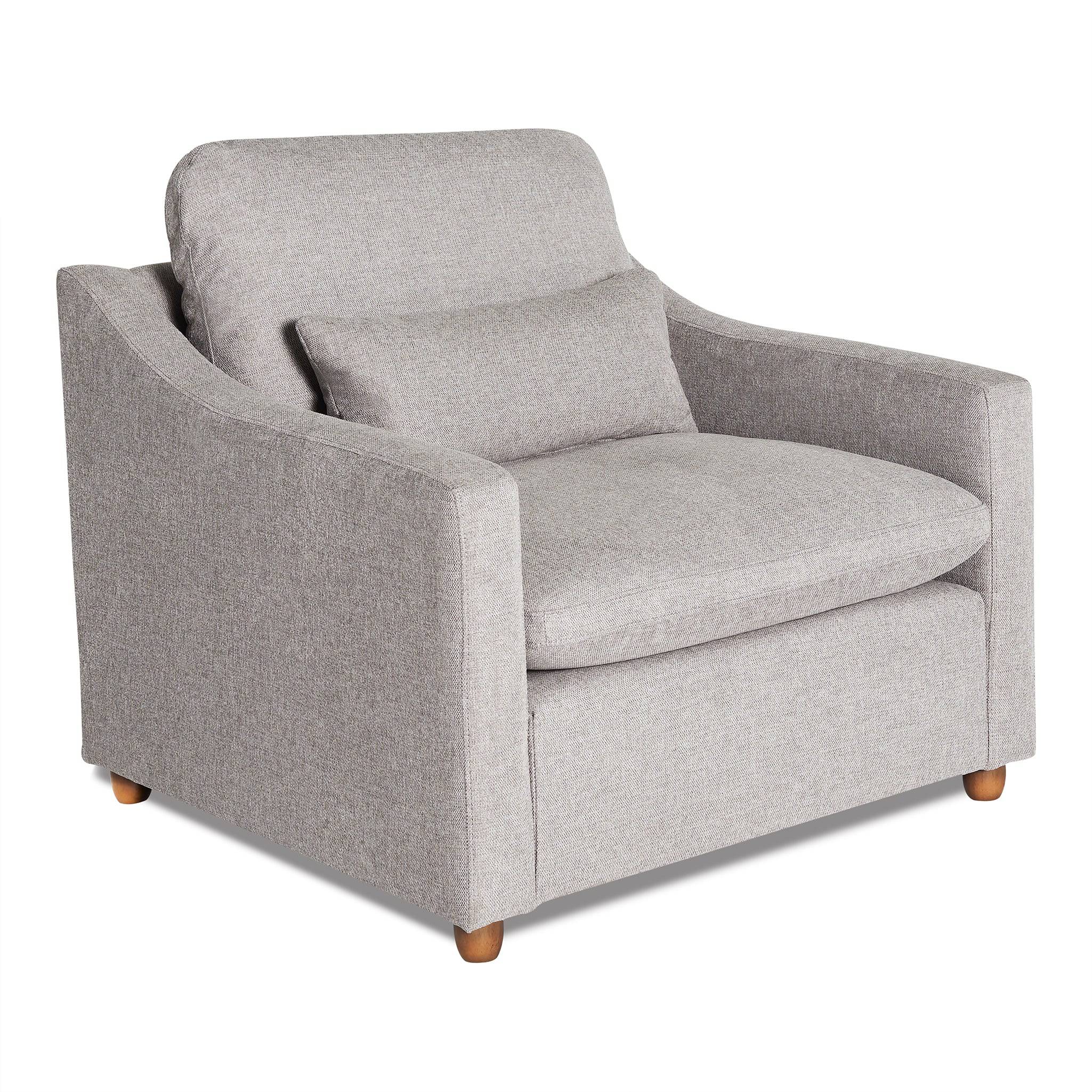The My Cloud Slope Chair is a gray upholstered armchair featuring a cushioned seat and backrest, wooden legs, and a matching lumbar pillow. With slightly curved armrests, its modern design ensures style and relaxation for your living space.