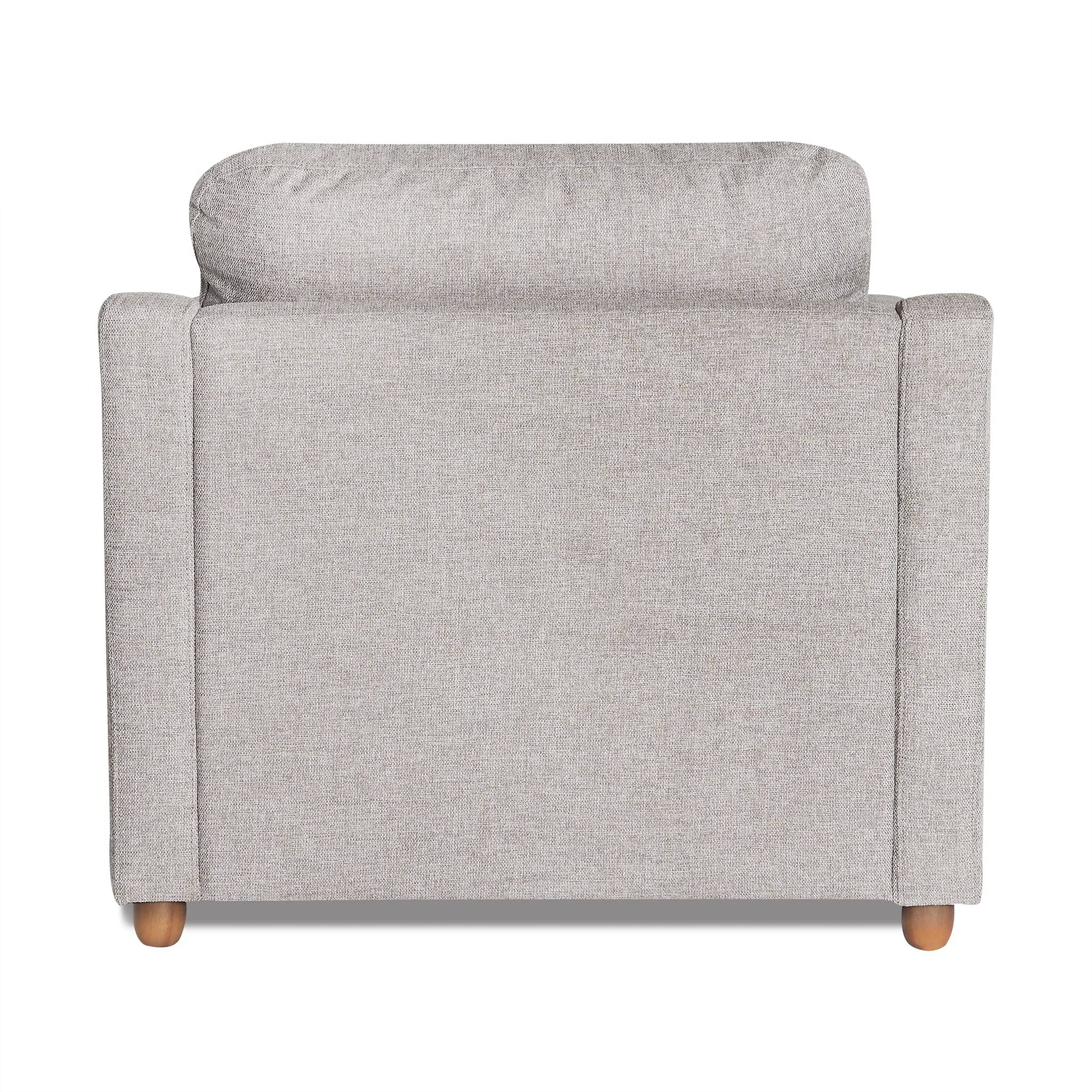 The image shows the back of the My Cloud Slope Chair, a light gray upholstered armchair with wooden legs. Set against a white background, its textured fabric, cushioned backrest, and armrests reflect customizable furniture design and offer an inviting comfort.