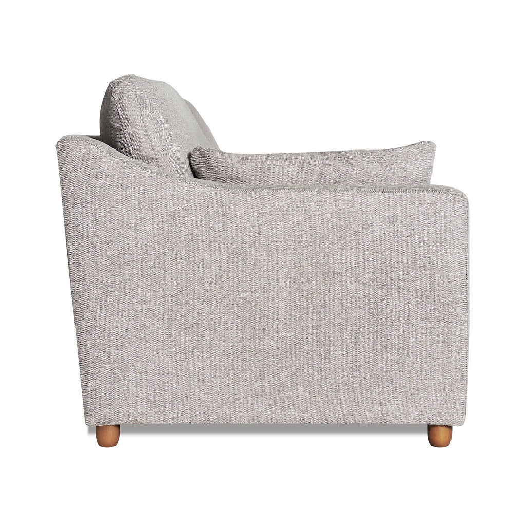 The My Cloud Slope Sofa features a side view in light gray fabric with wooden legs, a square back cushion, straight armrests, and a slim profile. Its modern design includes machine-washable covers for easy maintenance.