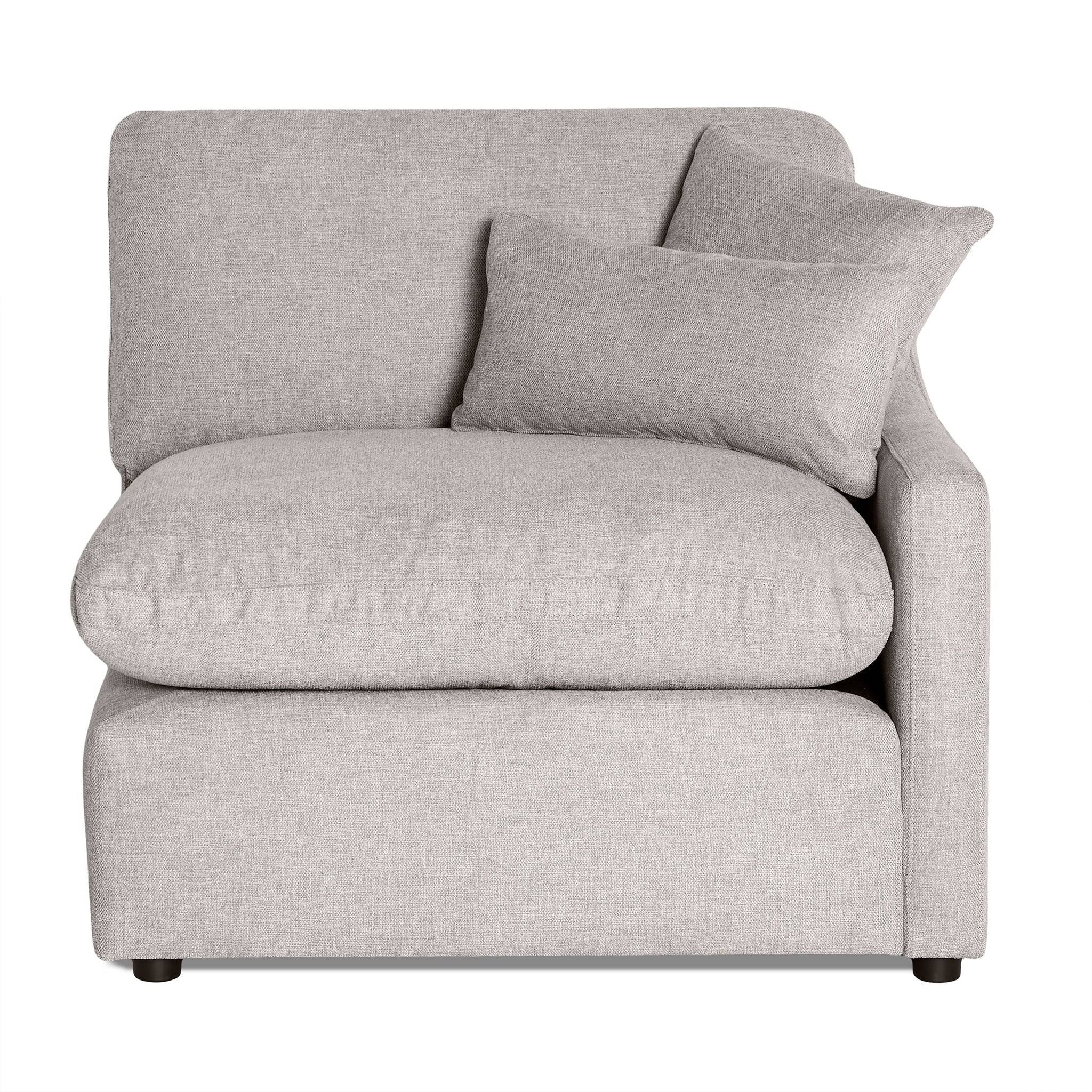 The My Cloud Slope Right Arm is a light gray modular sectional sofa component featuring a cushioned back and seat with a matching rectangular throw pillow. It has short cylindrical legs and soft, textured fabric, ideal for customizable seating arrangements.