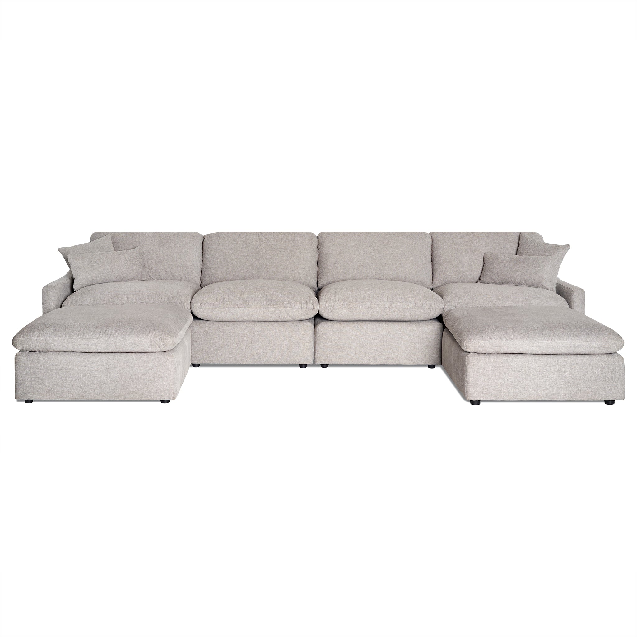 The My Cloud Slope 4 Piece Straight + 2 Ottomans is a large, light gray modular sectional sofa featuring plush cushions and armrests on each end. Its U-shaped design and small dark feet give it a clean, modern appearance, resembling the comfort of My Cloud.