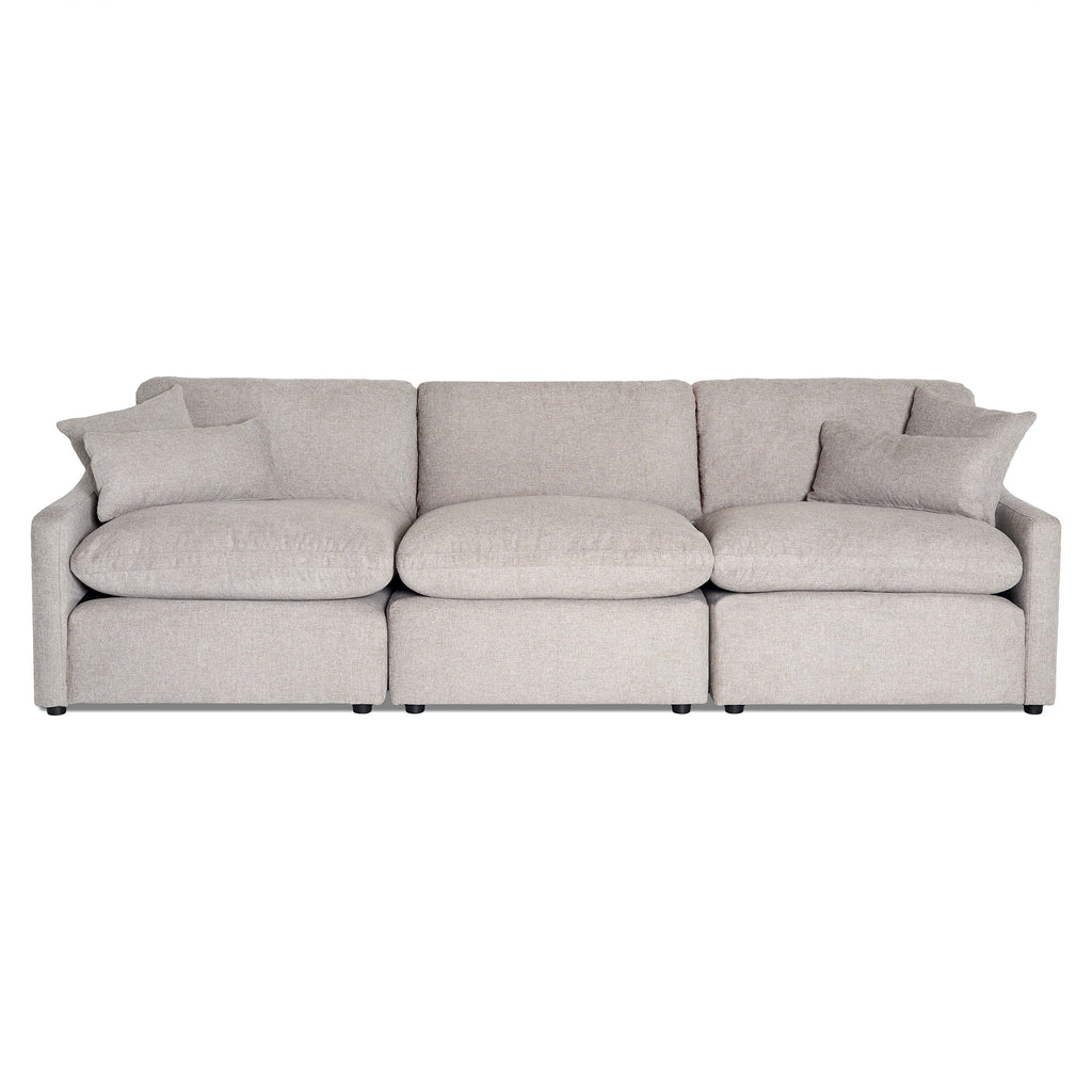 The My Cloud Slope 3 Piece Straight is a light gray three-seater sofa known as the Worlds Greatest & Most Comfortable Sofa, featuring plush cushions and soft fabric. Its modern design with straight arms and matching throw pillows adds symmetry, all elegantly placed on a plain white background.
