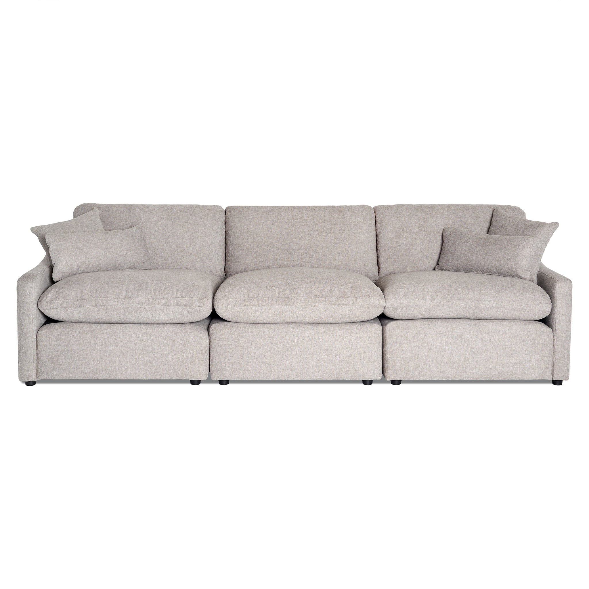 The My Cloud Slope 3 Piece Straight is a light gray three-seater sofa known as the Worlds Greatest & Most Comfortable Sofa, featuring plush cushions and soft fabric. Its modern design with straight arms and matching throw pillows adds symmetry, all elegantly placed on a plain white background.