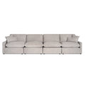 The My Cloud Slope 4 Piece Straight is a beige sectional sofa with a modern, minimalist design featuring four seats and matching cushions. Its soft fabric upholstery and rounded edges ensure exceptional comfort for any contemporary living space.