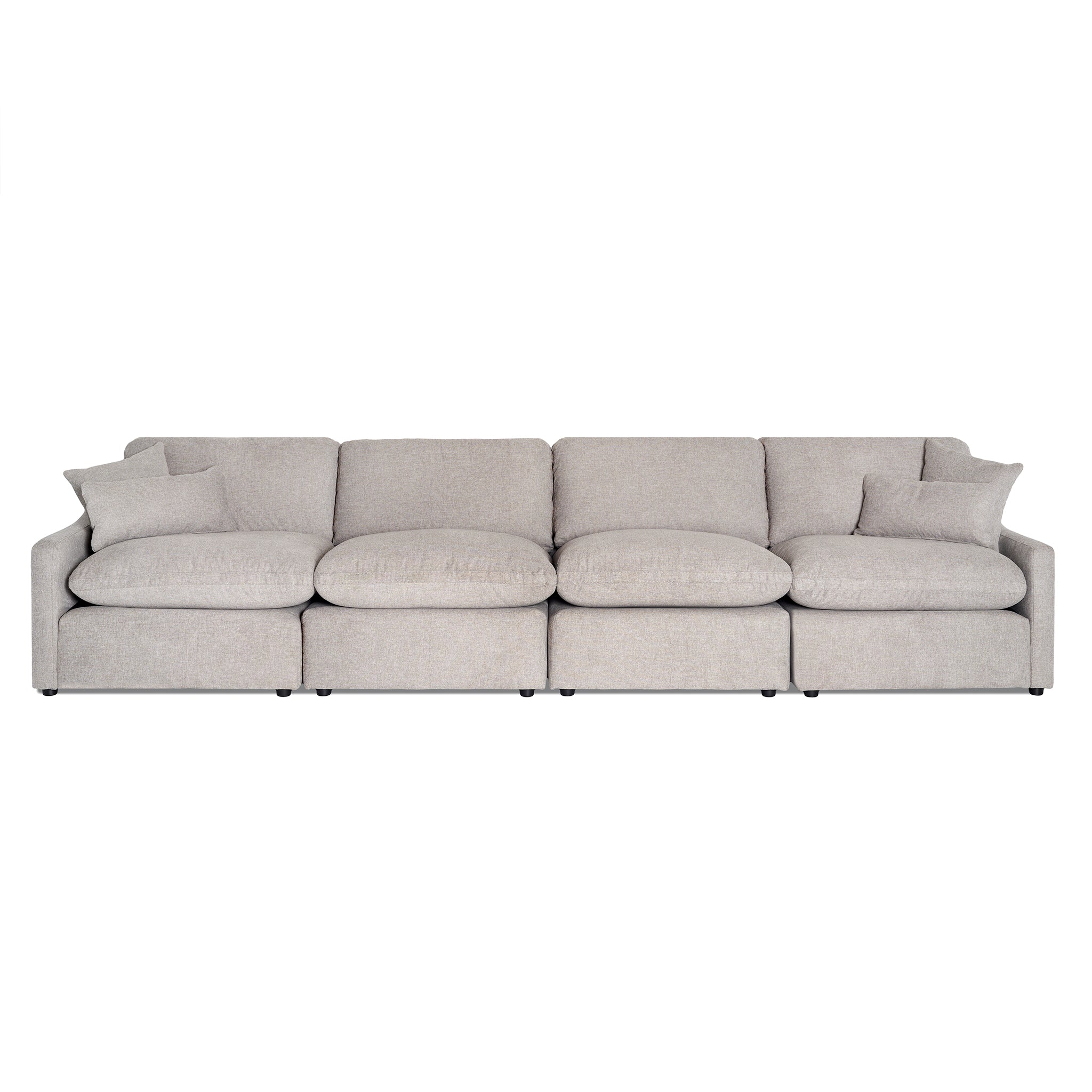 The My Cloud Slope 4 Piece Straight is a beige sectional sofa with a modern, minimalist design featuring four seats and matching cushions. Its soft fabric upholstery and rounded edges ensure exceptional comfort for any contemporary living space.