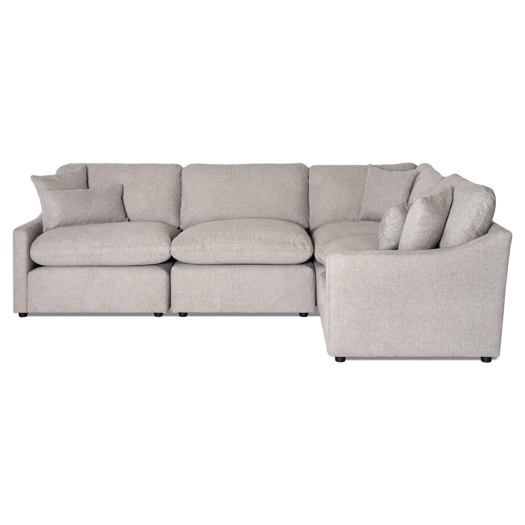 The My Cloud Slope 4 Piece Right L is a customizable light gray L-shaped sectional sofa with six back cushions, four seat cushions, and short black legs. Its minimalist design includes a plush look and a matching throw pillow on the left side—truly the Worlds Greatest & Most Comfortable Sofa.