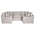 Introducing the My Cloud Slope 5 Piece Pit: a large beige U-shaped sectional designed with a modern low backrest and multiple cushions. Its clean, neutral look fits perfectly in any contemporary living room setting, ensuring supreme comfort.