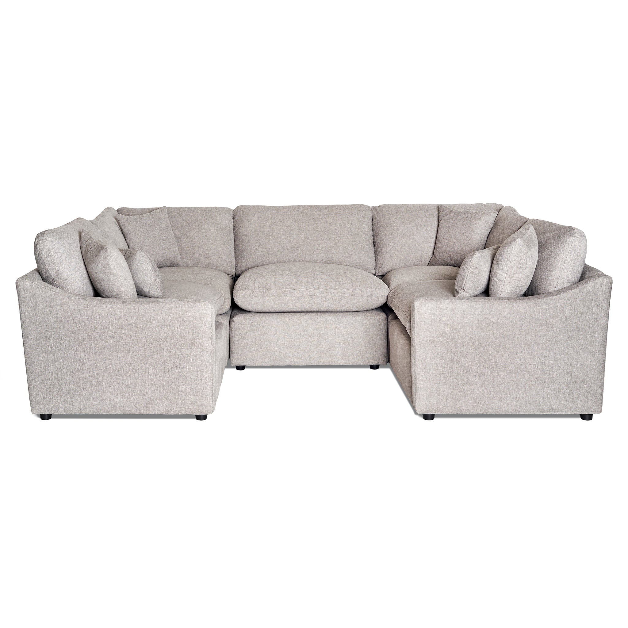 Introducing the My Cloud Slope 5 Piece Pit: a large beige U-shaped sectional designed with a modern low backrest and multiple cushions. Its clean, neutral look fits perfectly in any contemporary living room setting, ensuring supreme comfort.