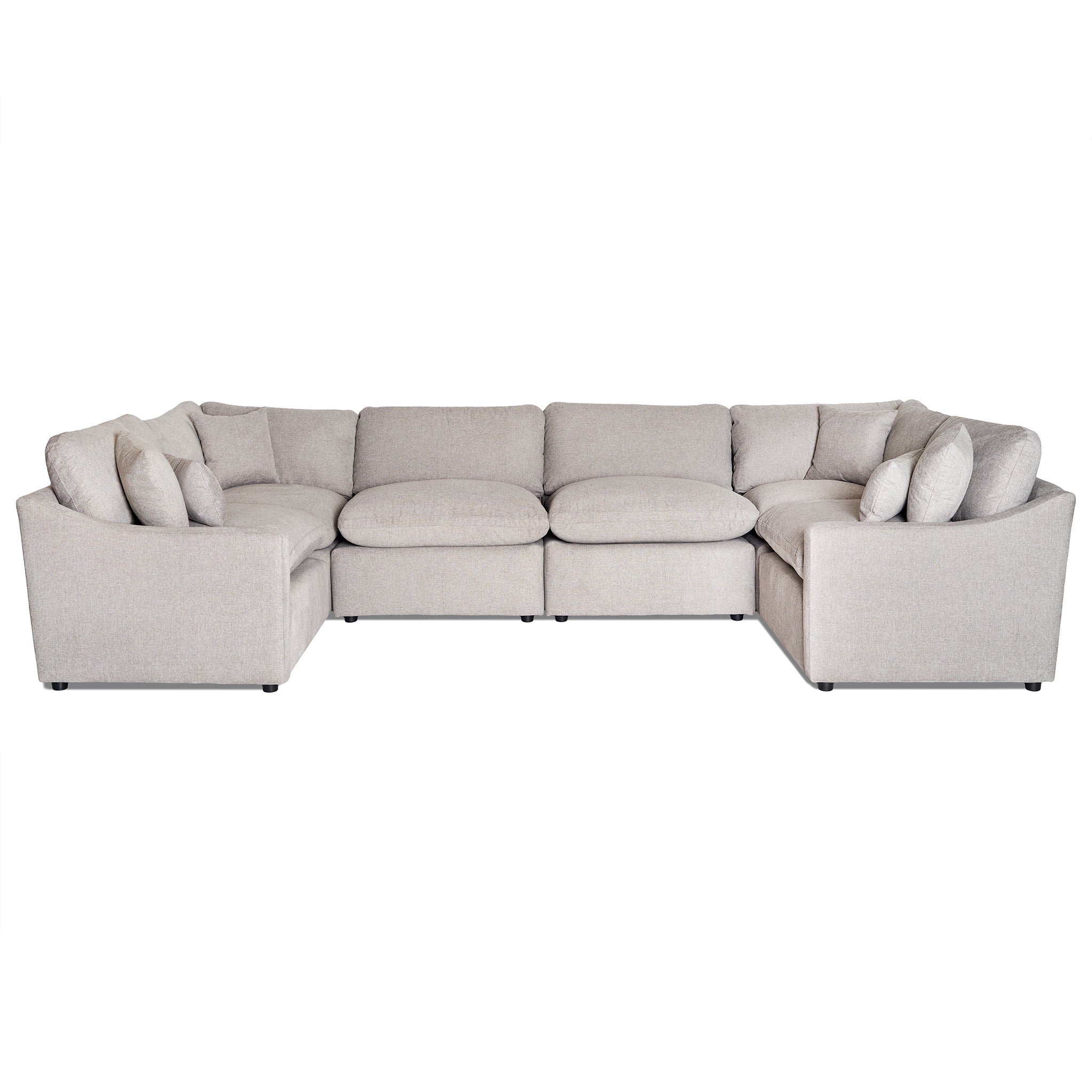 The My Cloud Slope 8 Piece Pit is a large, L-shaped beige sectional sofa offering ample seating with its modular design. It features a clean, minimalist look and neutral color, perfect for comfort and adaptability in modern living rooms across various styles.