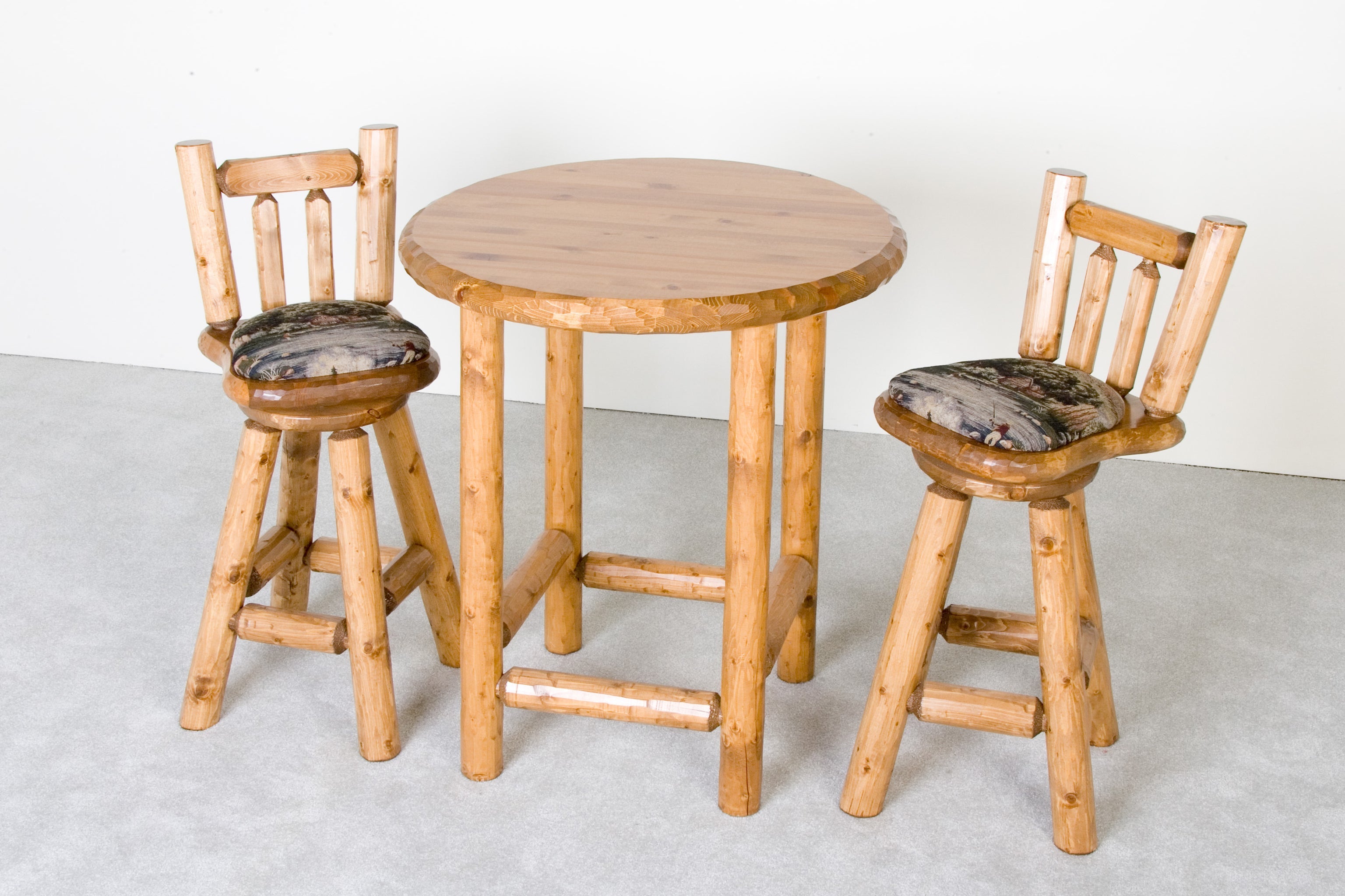 Log Pub Table with upholstered bar stools