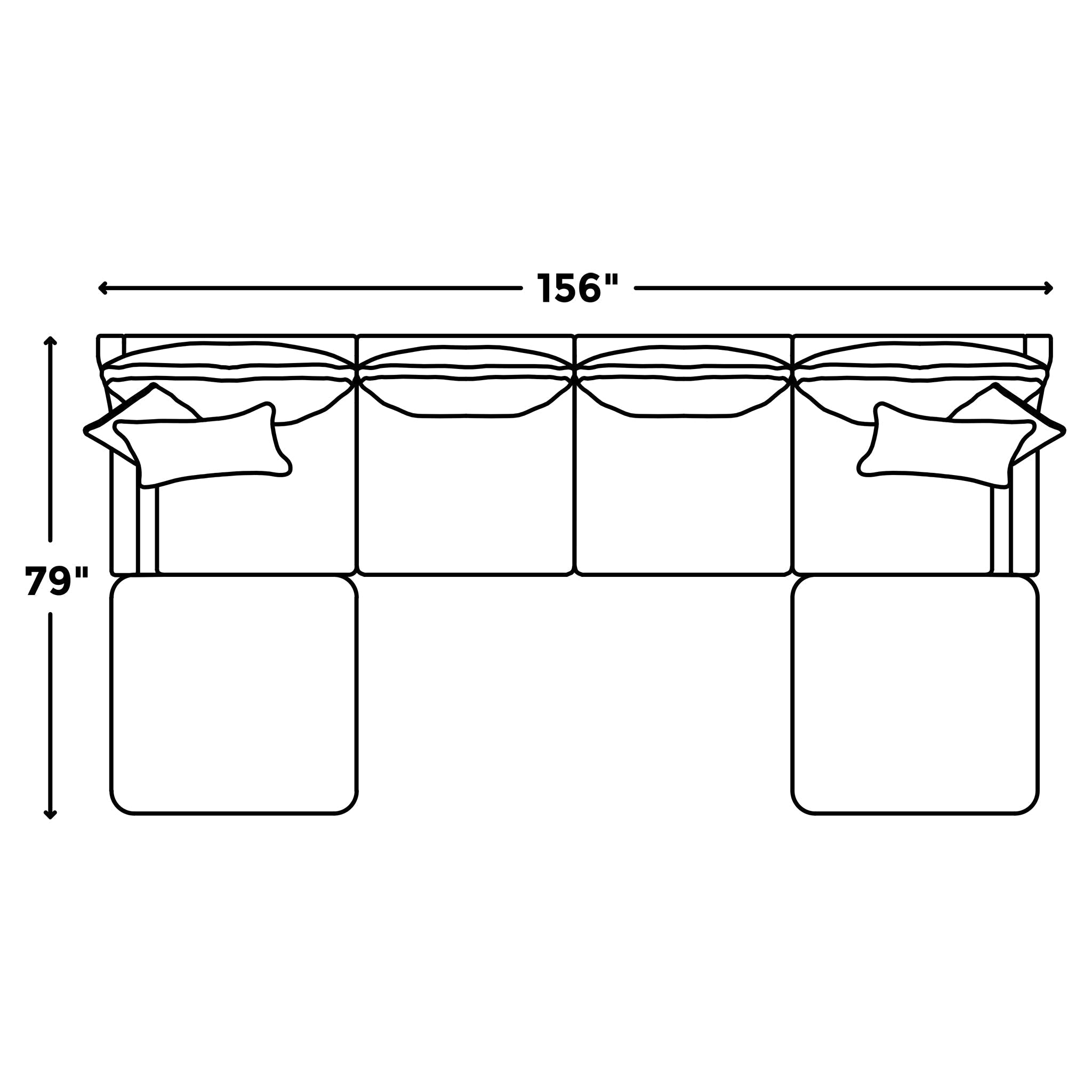 Line drawing of the My Cloud / Slope Arm sectional sofa, showing dimensions of 156 L and 79 D. It includes multiple back cushions, two throw pillows, and offers customizable options with machine-washable covers for easy maintenance.