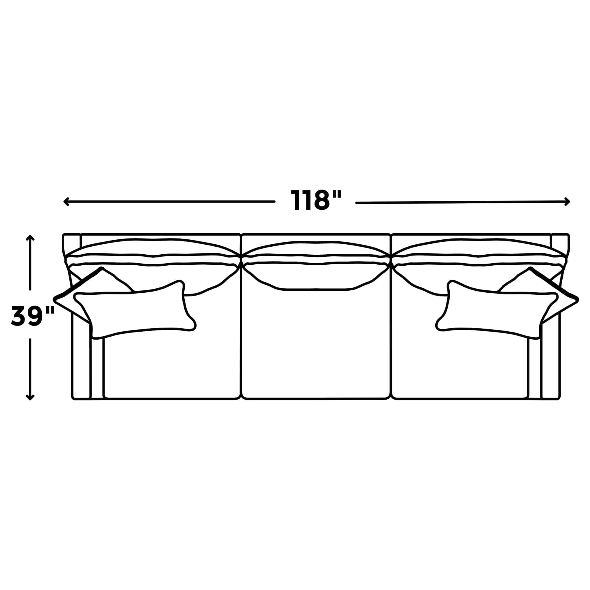The My Cloud / Slope Arm sectional sofa is 118 inches wide and 39 inches tall, offering three seats. It includes two rectangular cushions, all outlined in black on a white background. The covers are machine-washable for convenience.