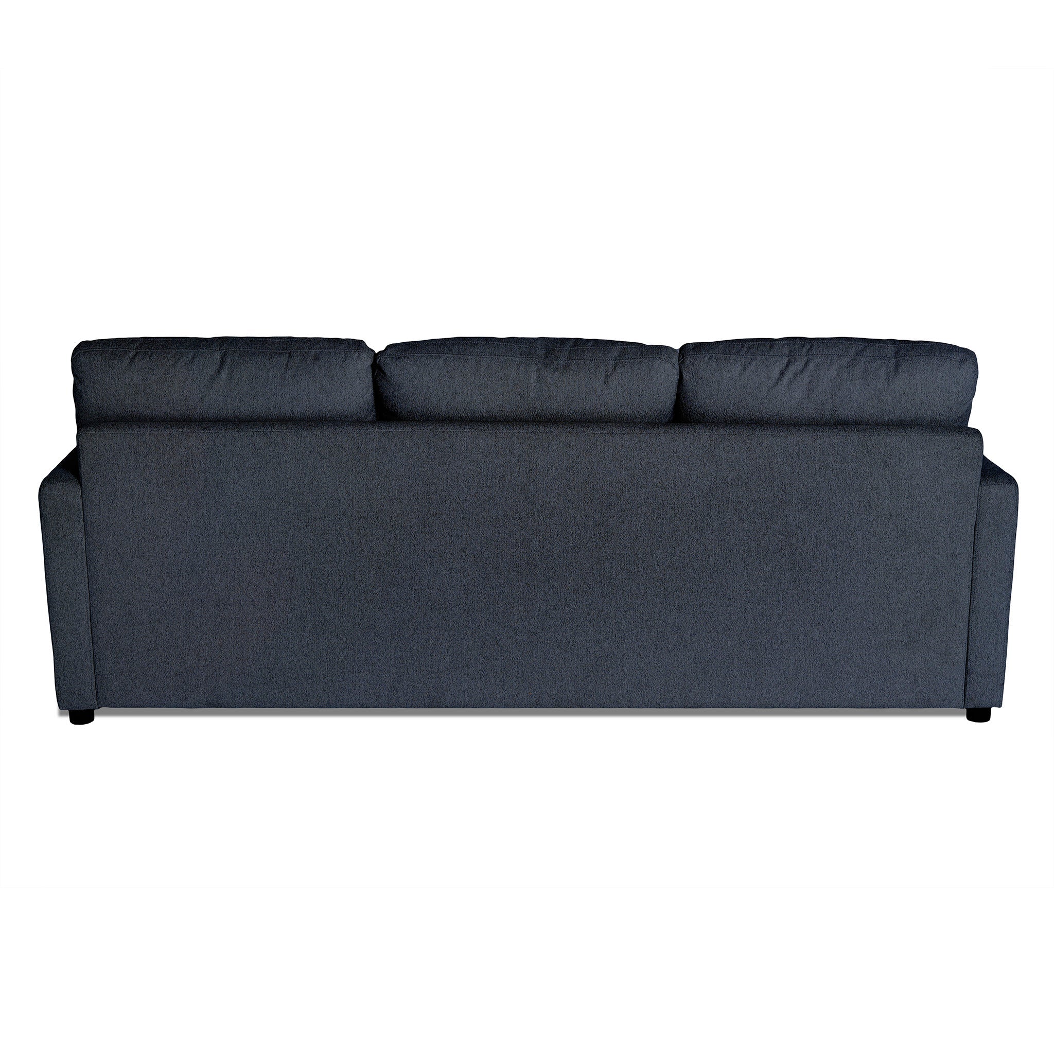 The image showcases the back view of a My Cloud Sofa, a dark blue-gray piece with three cushioned seat backs. It features soft fabric upholstery and is set against a plain white background, embodying customizable comfort and style.