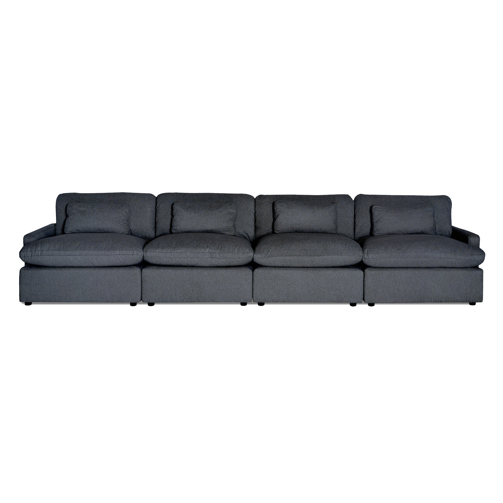 Discover the ultimate in comfort with My Cloud 4 Piece Straight, a gray four-seater sectional featuring plush cushions and a sleek design. Its machine-washable fabric ensures easy care, making it feel like lounging on a cloud.