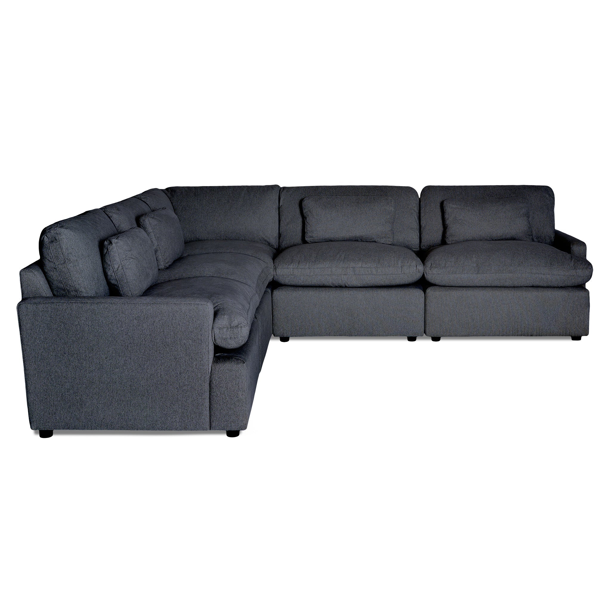 Introducing the My Cloud 5 Piece L, a dark gray sectional with plush cushions. Its contemporary design, featuring clean lines and upholstered fabric, seamlessly blends into any modern living room.