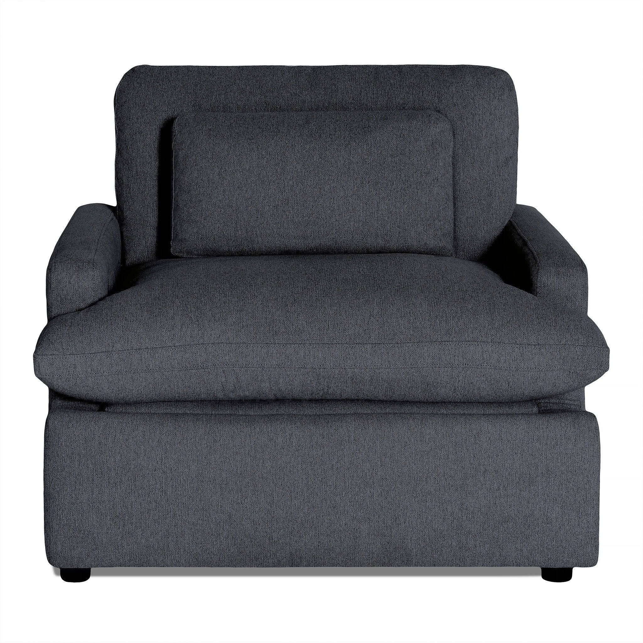 The My Cloud Power Recliner, a large dark gray upholstered armchair, features a plush back cushion, wide seat, and thick cushioned armrests that promise comfort. Its sturdy base conceals customizable features enhancing its appeal.