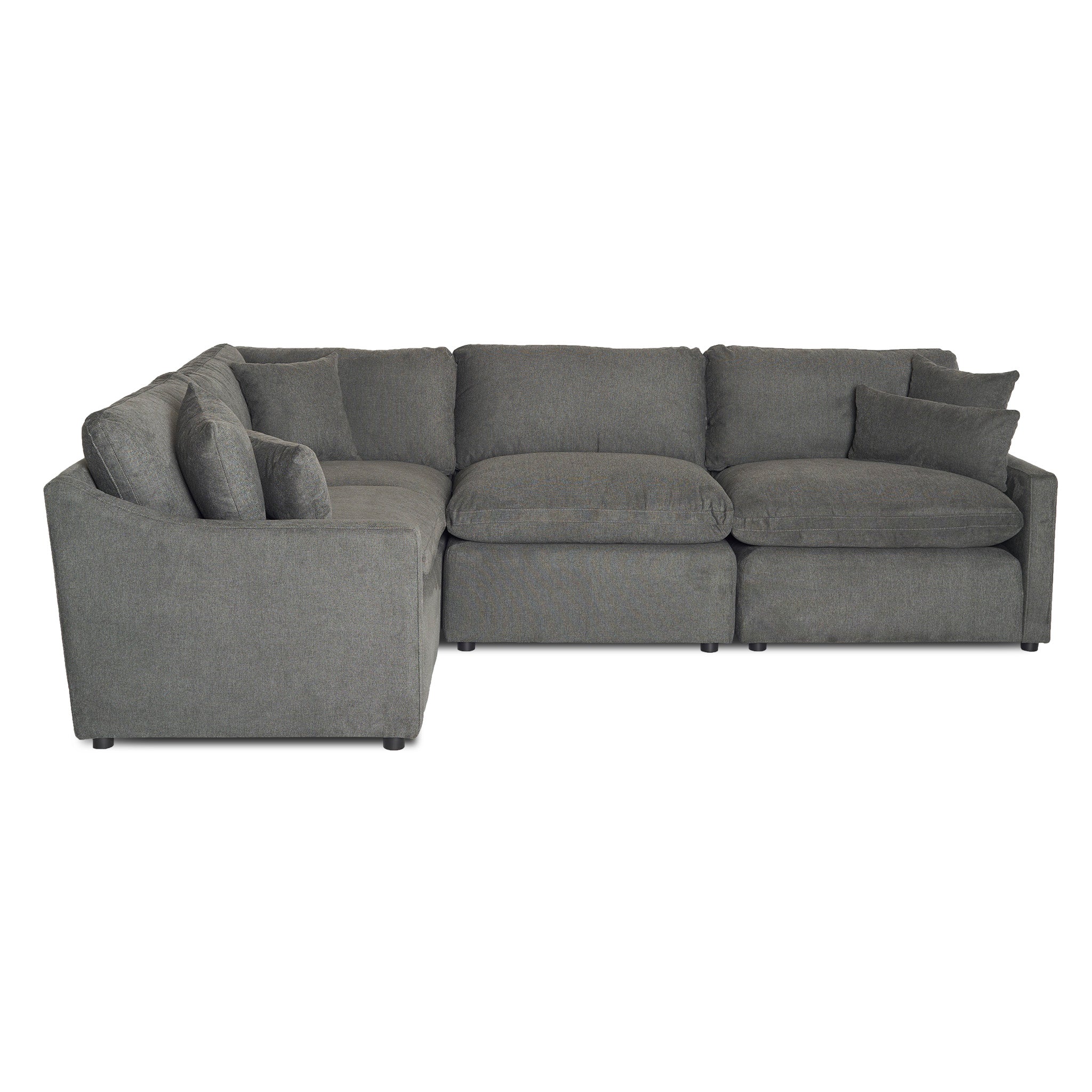 Discover the My Cloud Slope 4 Piece Left L sectional, with modern gray design and plush cushions. This left-facing sofa, set on a white background, showcases its spacious seating area and inviting structure.